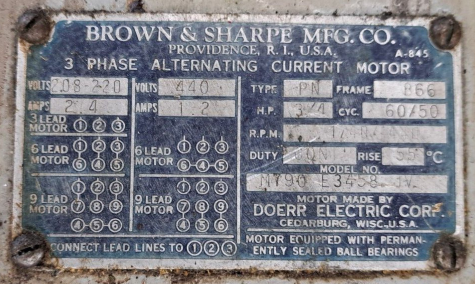 BROWN & SHARPE NO. 1 521-1-425 SURFACE GRINDER 480V PHASE 3 GE MOTOR