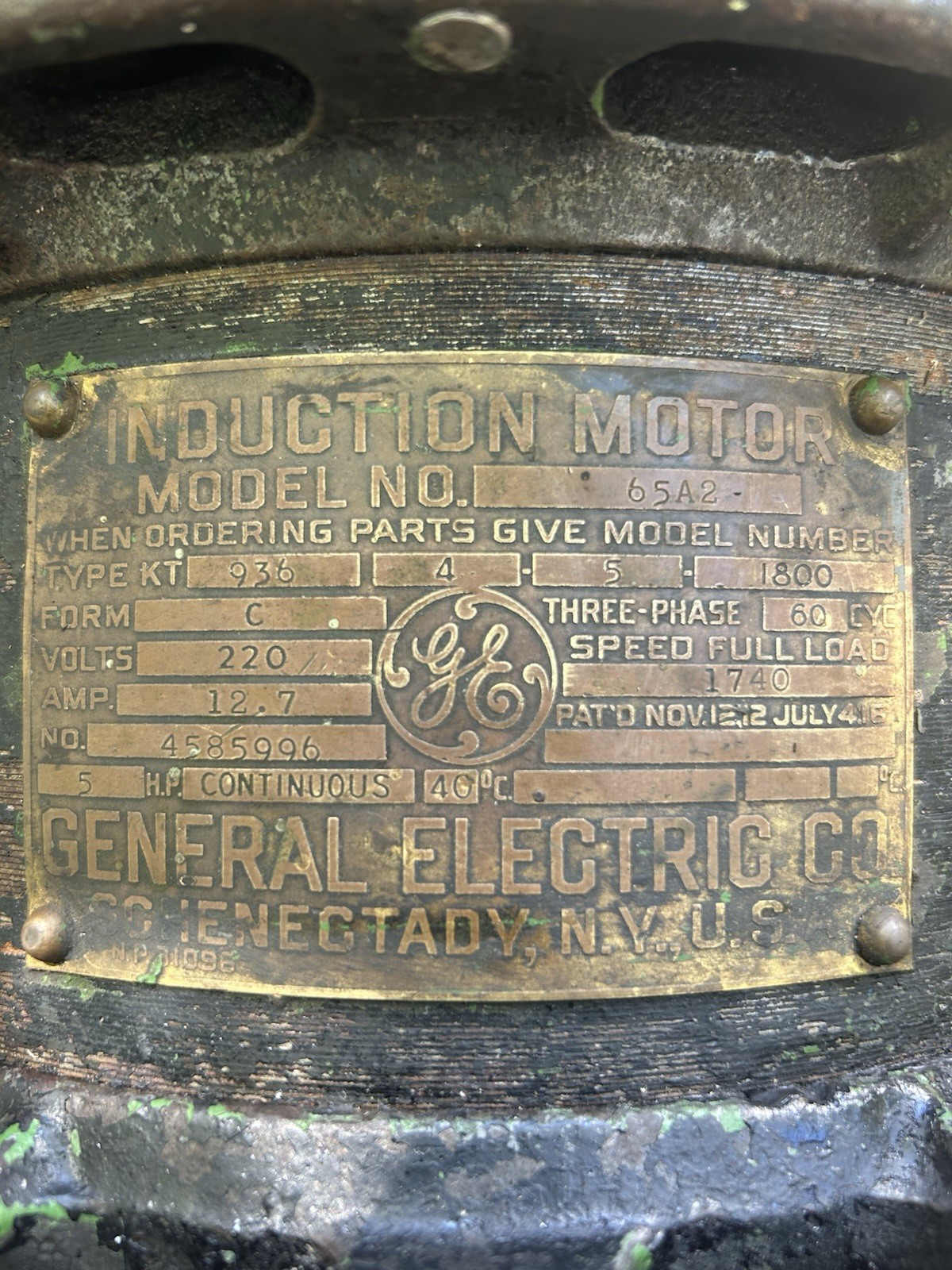 Vintage General Electric Machinery Induction Motor 5hp 3phase Model 65A2
