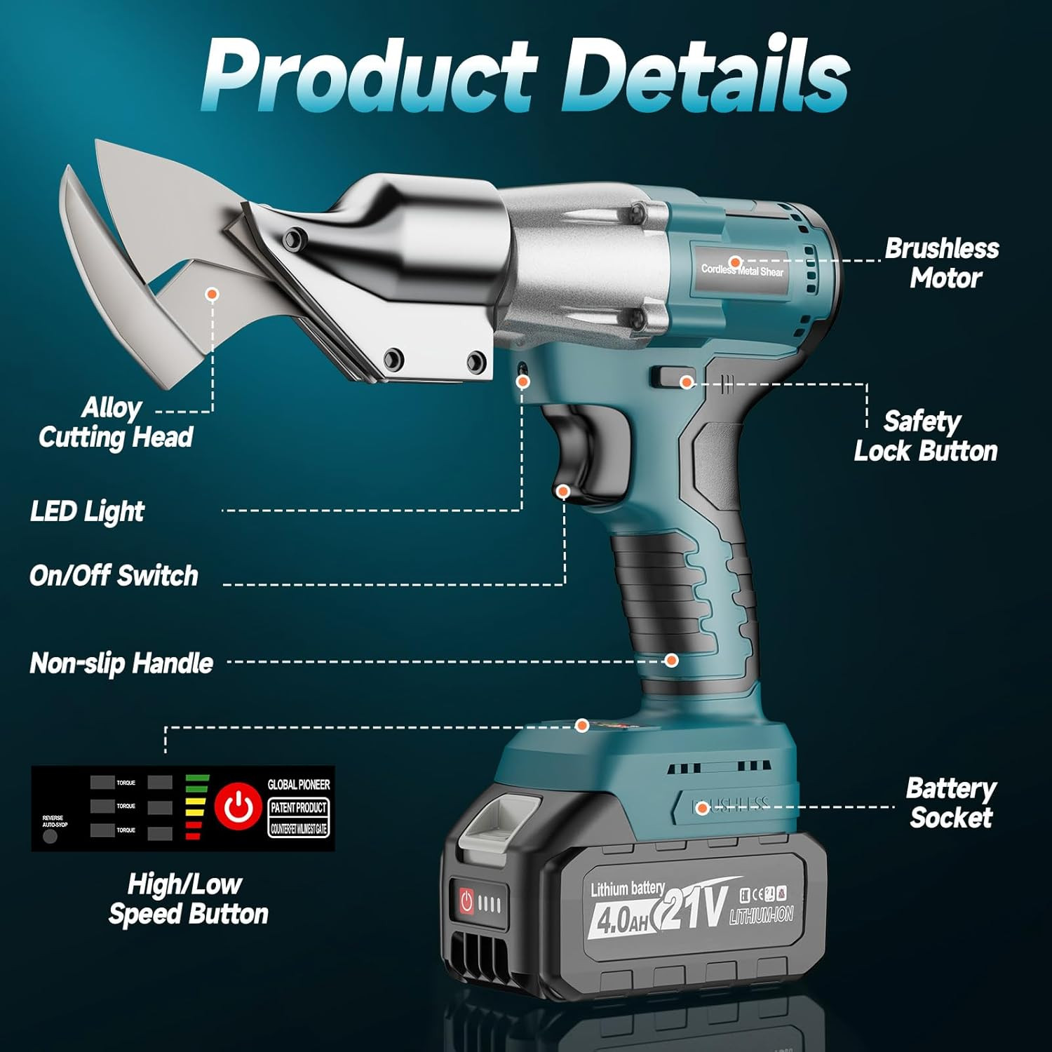 Cordless Sheet Metal Cutter, Metal Shear with 2×4.0Ah Battery, Brushless Electri