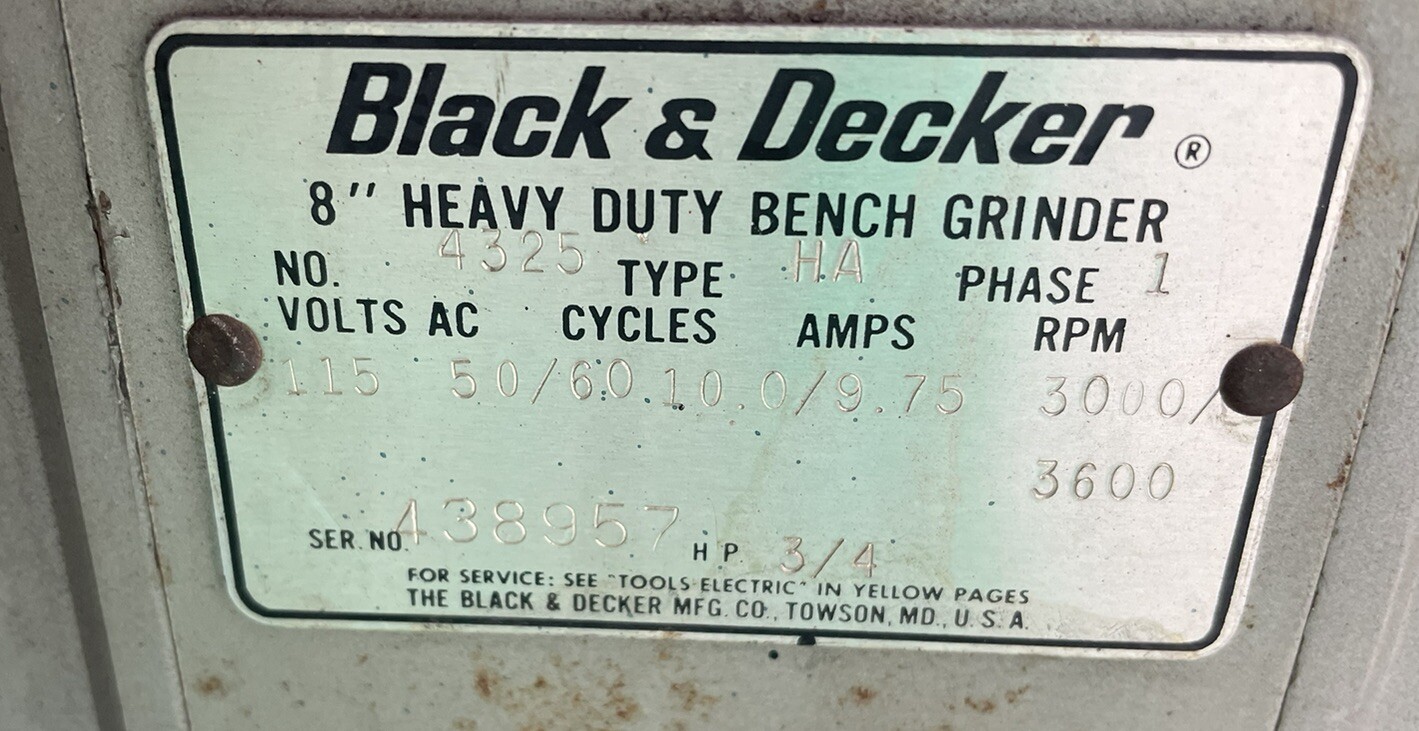 Vintage 8” Black & Decker 3/4 Hp 3600 Rpm Grinder & Pedestal 1 Phase USA Made