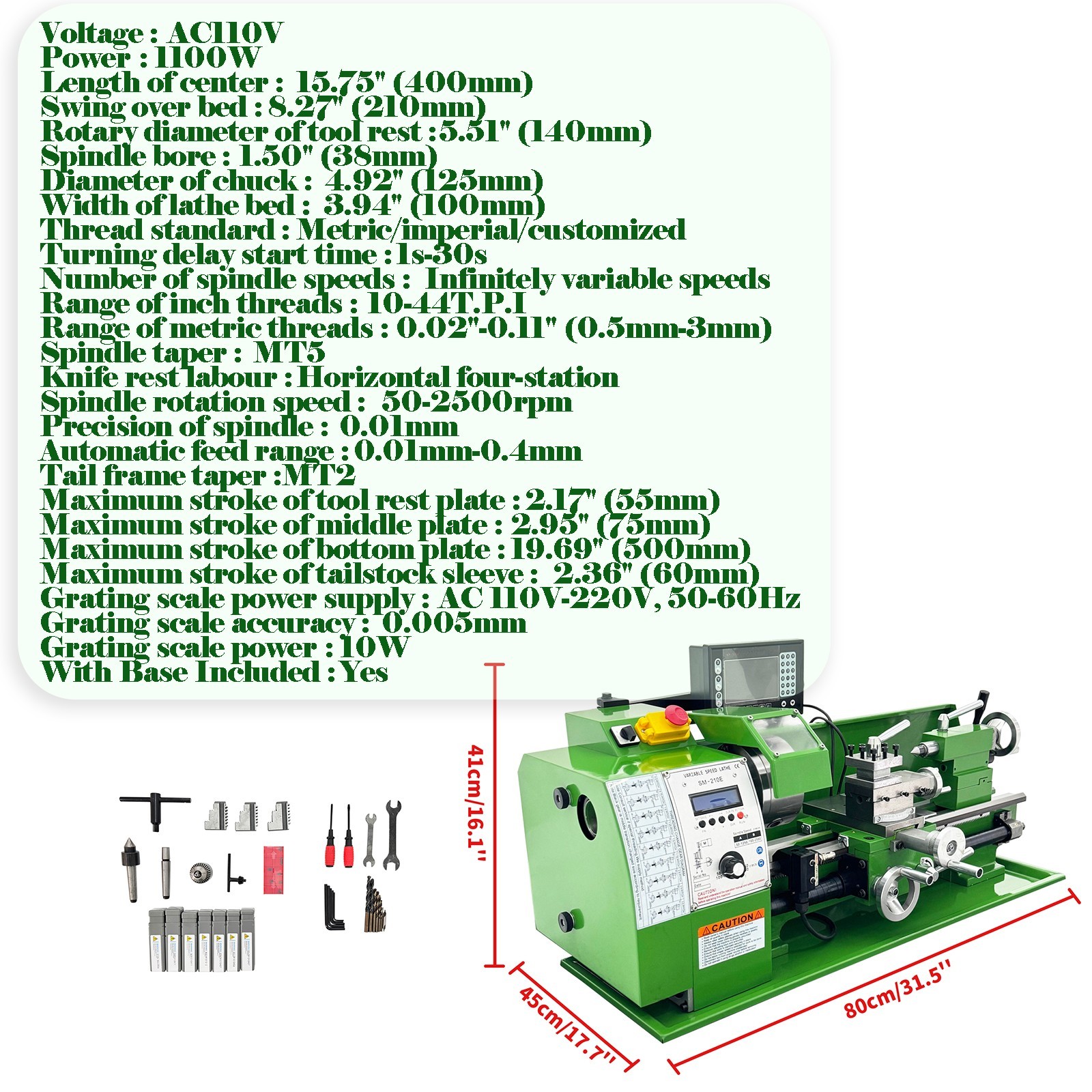 110V 8″*16″ Variable Speed Lathe SM-210E Precision Instrument Metal Lathe 1.1KW