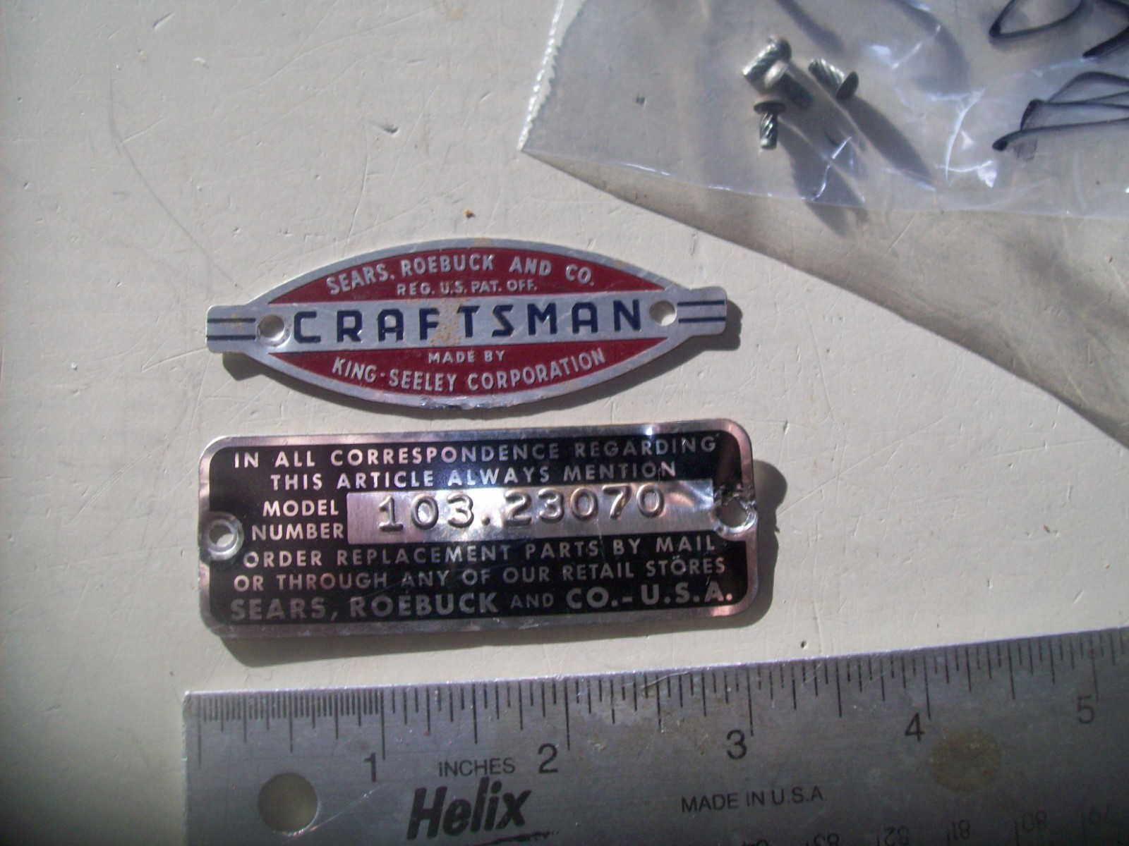 Name & Model plates & Brads from Vintage Craftsman 9″ Wood Lathe #103-23070