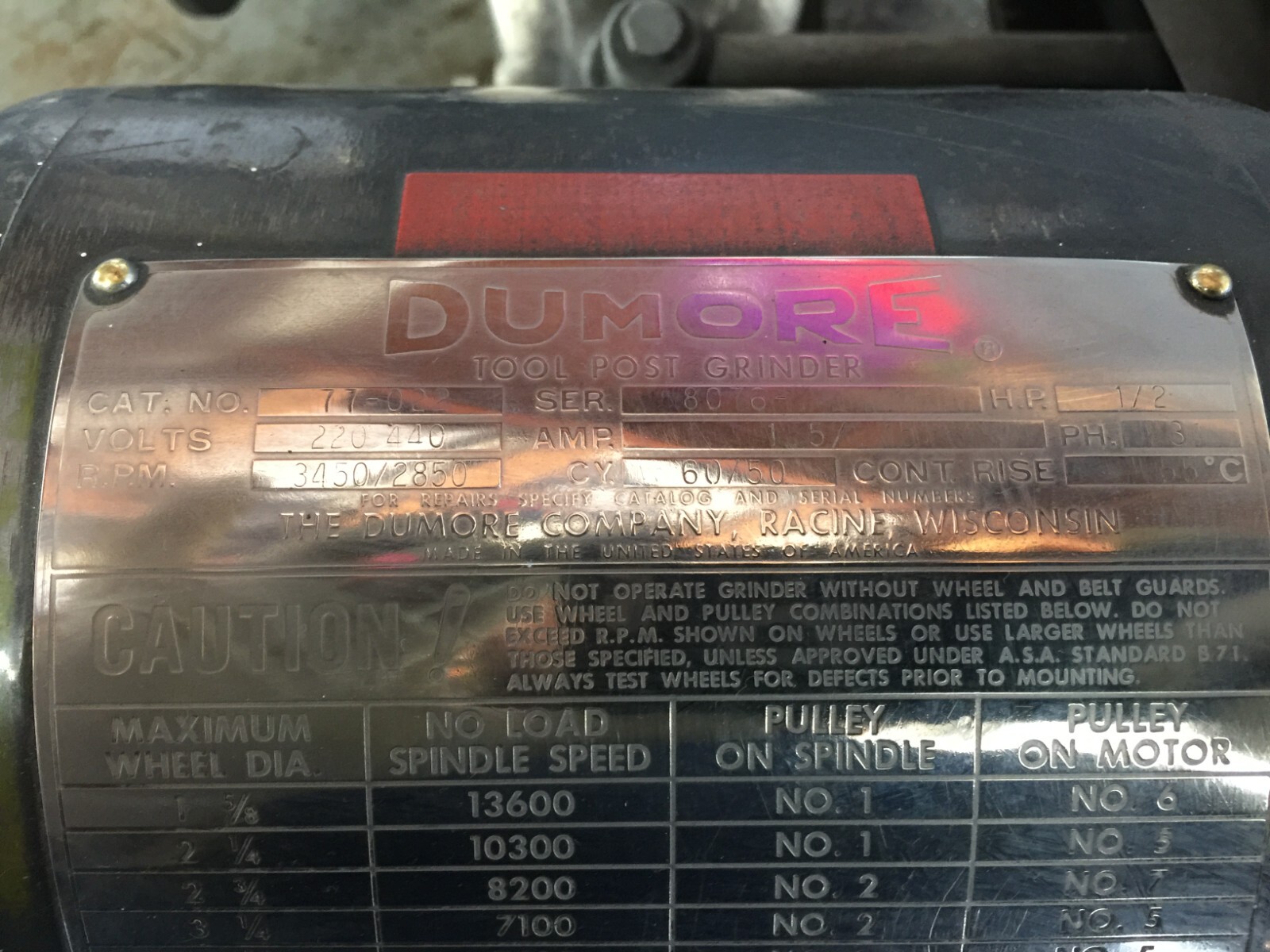 DUMORE 77 – 022 TOOL POST GRINDER 1/2 HP 3 PHASE