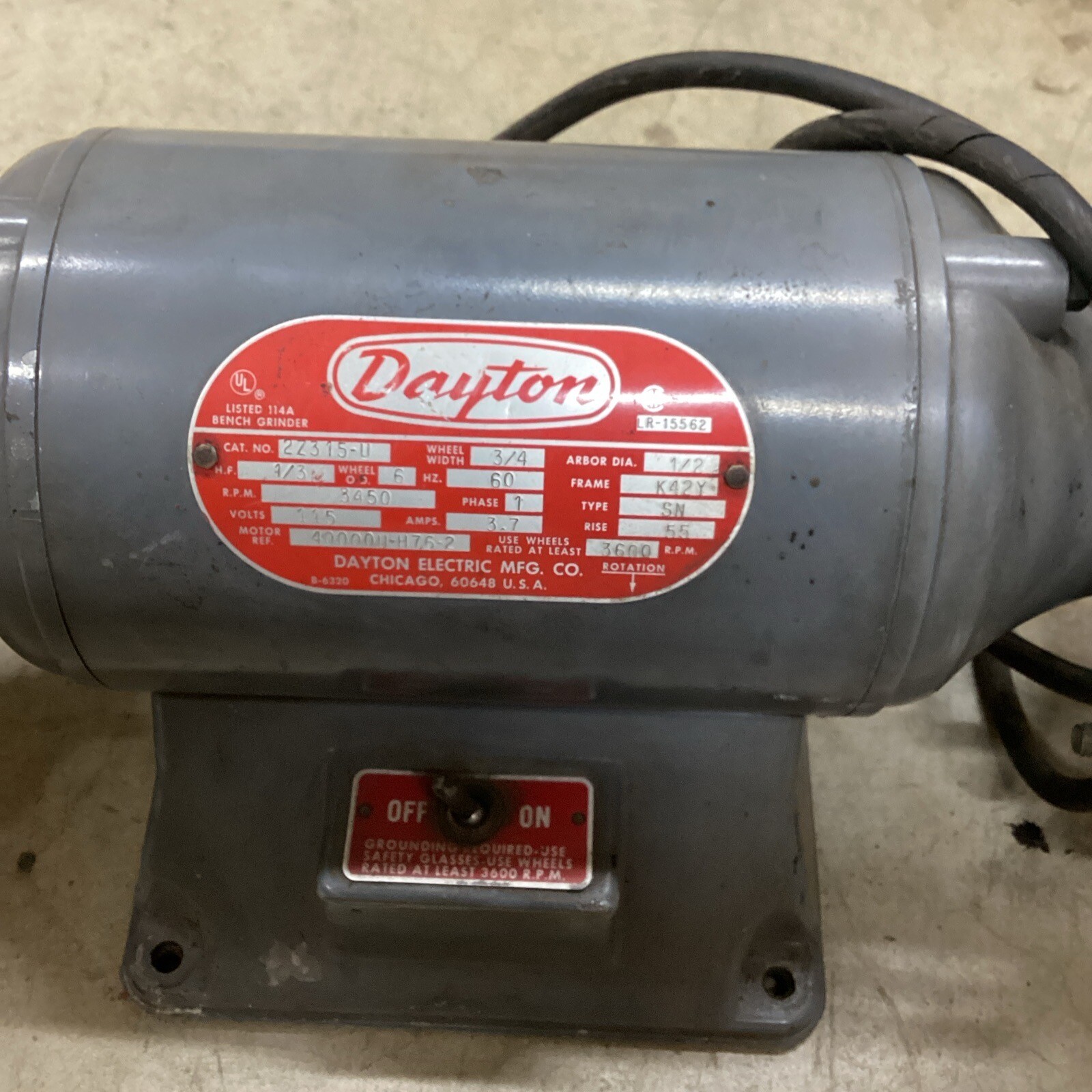 2Z315U Vintage 1/3hp. Dayton 3600rpm Commercial 6” Bench Grinder 1/2”arbor 114A