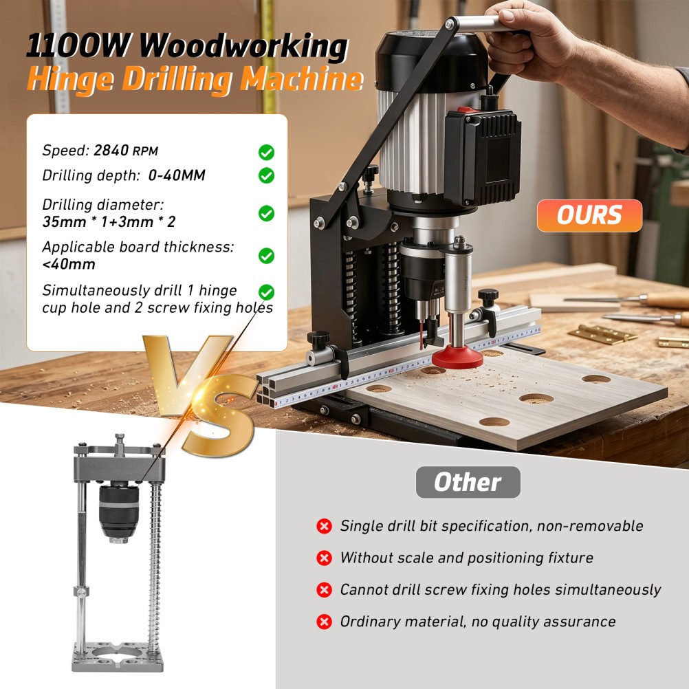 1100W Portable Woodworking Hinge Drill 48-6mm 45-9.5mm Cabinet Closet Carpenter