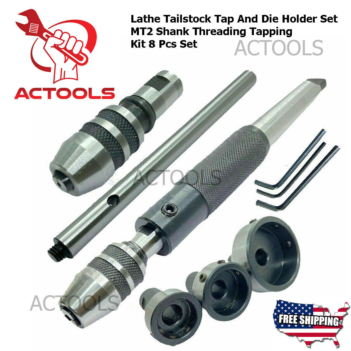 New Lathe Tailstock Tap And Die Holder Set MT2 Shank Threading Tapping Kit 8 Pcs