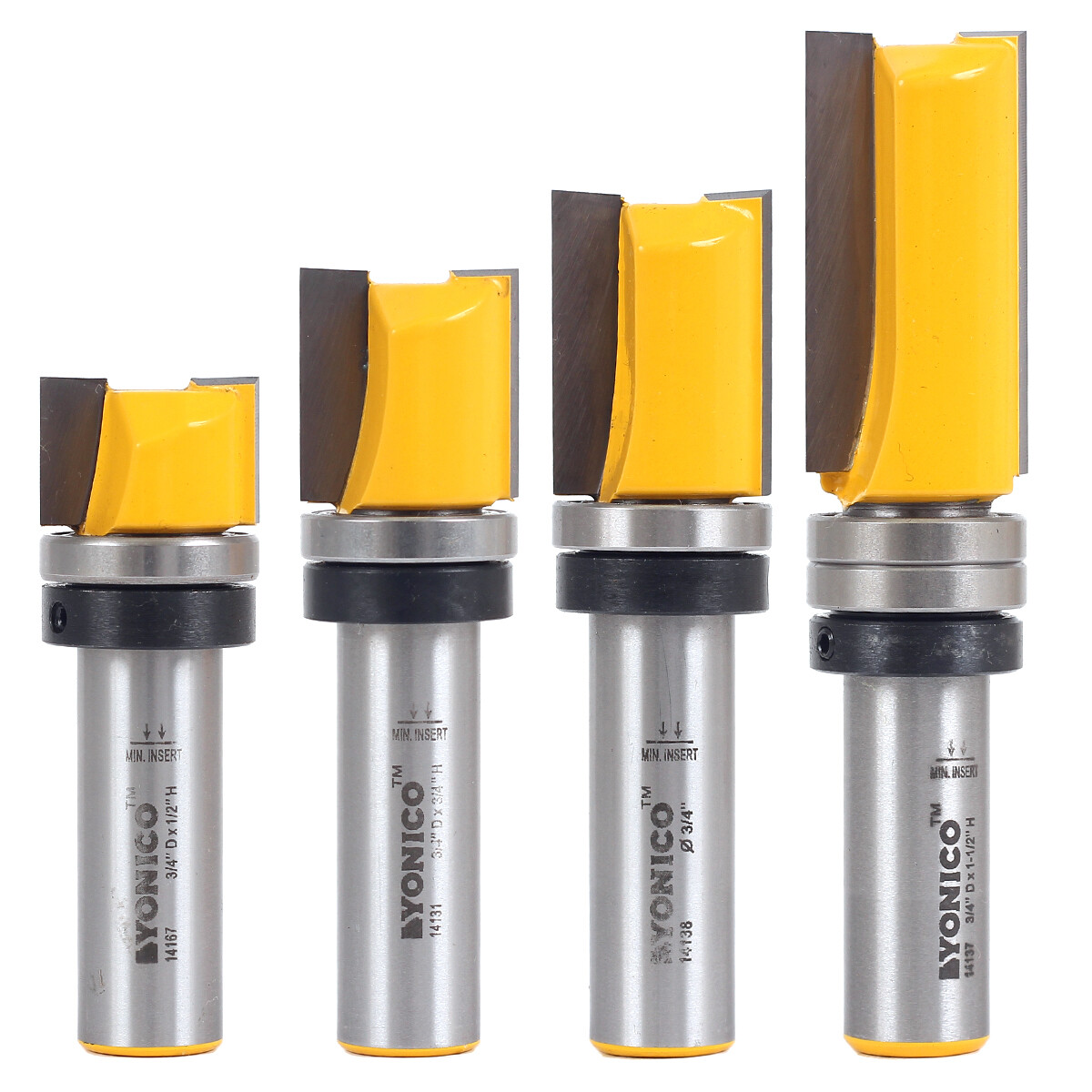 4 Bit 3/4″ Diameter Flush Trim Router Bit Set – 1/2″ Shank – Yonico 14426