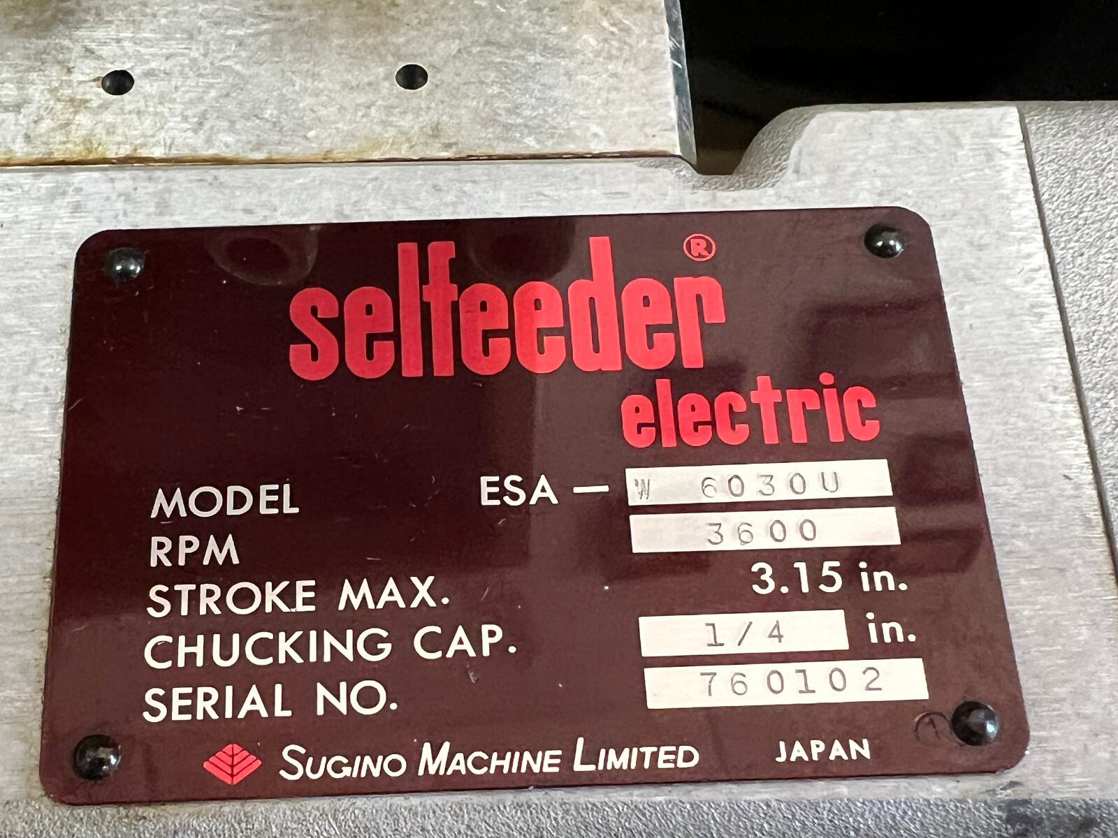 SUGINO SELFEEDER ELECTRIC DRILL, MODEL ESA-W 6030U, 3600 RPM, 3.15″ STROKE MAX,