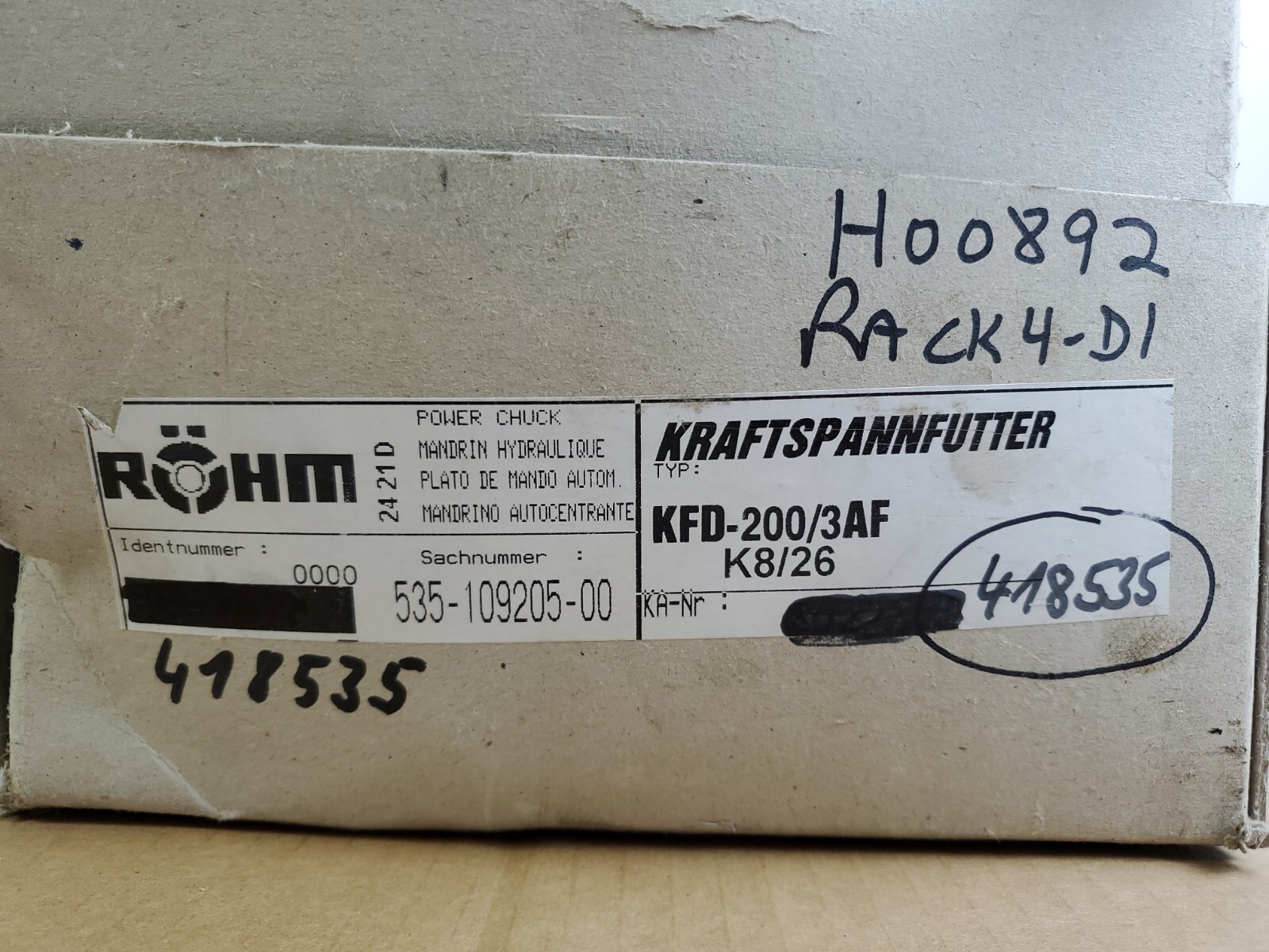 ROHM 3 Jaw Chuck KFD 200/3AF Rohm Power Chuck 200mm K8/26 535-109205-00 2421D