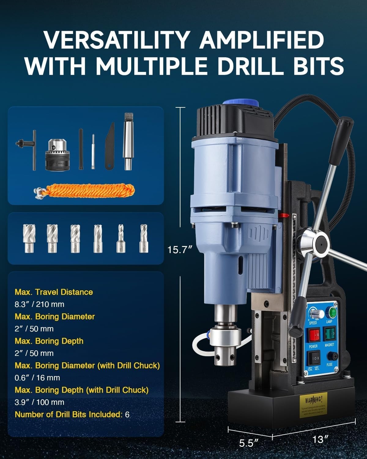 Magnetic Drill Press with 6 Drill Bits, 1550W Mag Drill Press with 2″ Dia. 3125