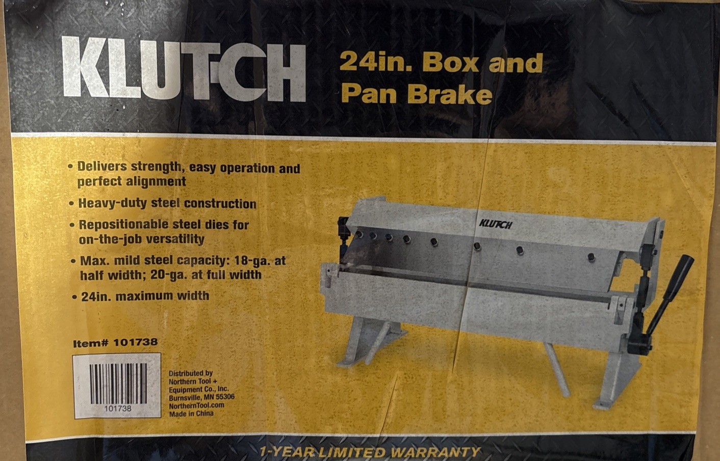 Klutch 24 in. Box and Pan Brake, Max Steel Capacity 18G At 1/2 Width 20G At Full