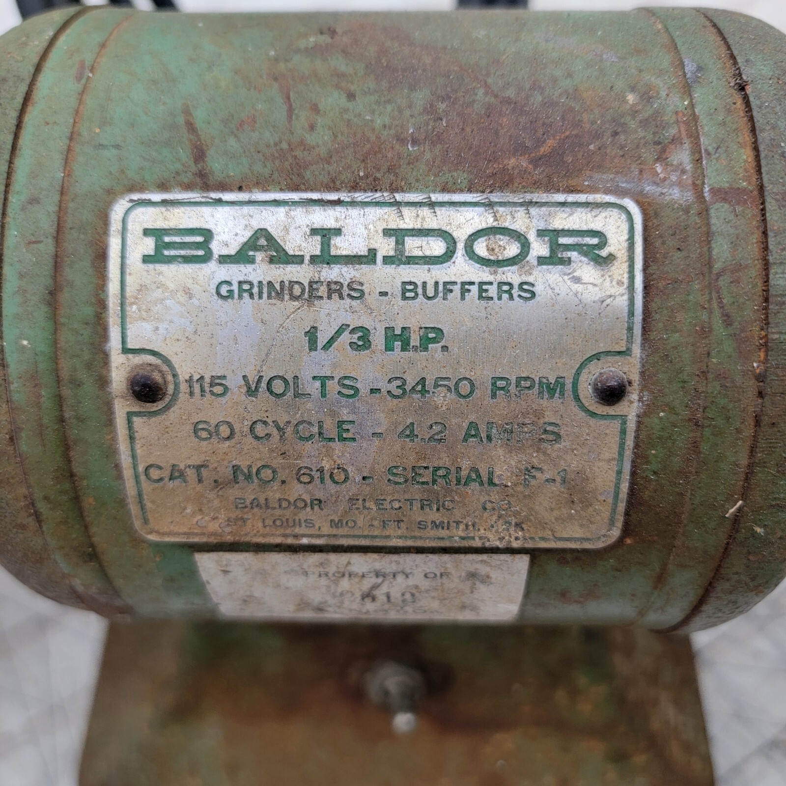 BALDOR Bench Grinder Model 610 1/3 H.P. 115 Volt 3450 RPM Tested Works