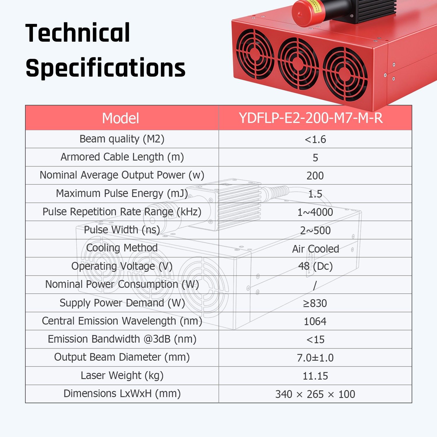 200W JPT YDFLP-E2-M7 MOPA Pulse Laser Source for 1064nm Laser Marking Machine