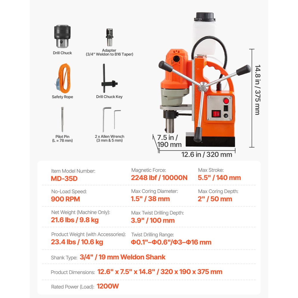 Magnetic Drill Press Mag Drill Press 1200 W 1.5 in Boring Diameter 900 RPM