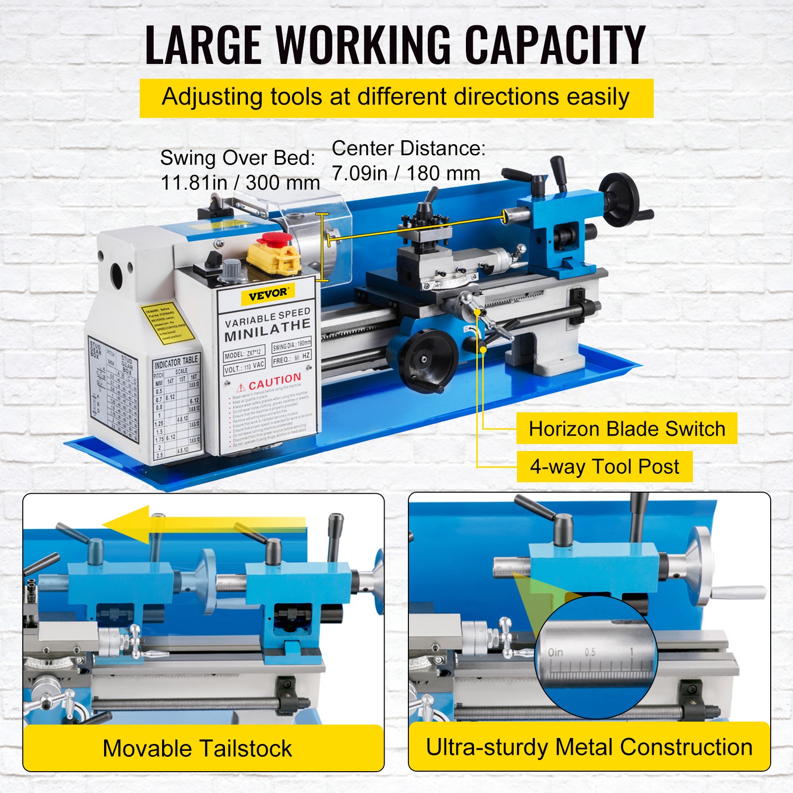 Bench Top Mini Metal Milling Lathe 7×12 Variable Speed 0-2250 RPM w/ Lamp