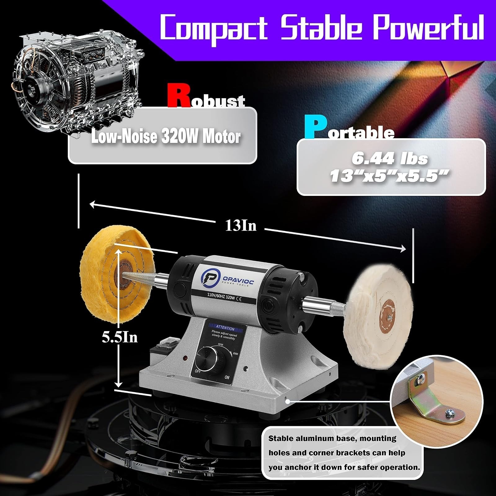 OPAVIOC Jewelry Polisher Adjustable Speed Bench Grinder Buffing Machine