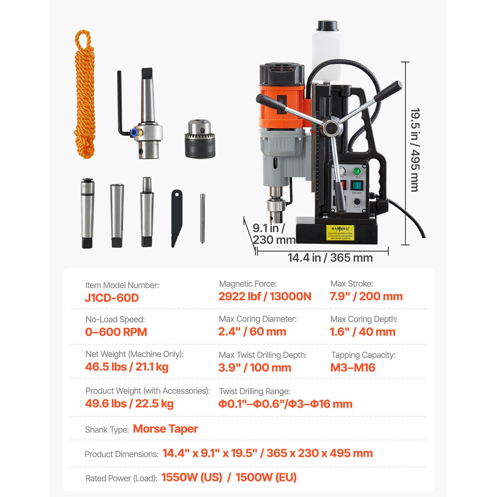 Uimoso Magnetic Drill Press, 1550W, 2.4-inch Drilling Capacity, 0-600 RPM