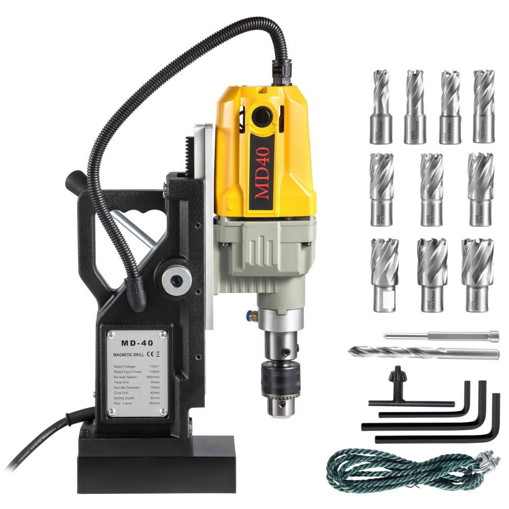 Magnetic Drill 1100W 1.57 Inch Boring Diameter 2697 lbf Portable Electric Mag