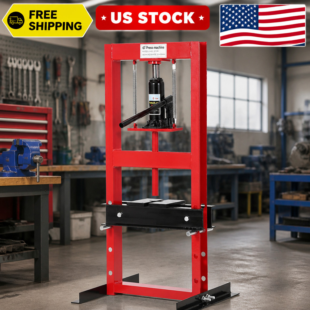 Hydraulic Press T Shop Press, Heavy Duty H Frame Garage Adjustable Red 6