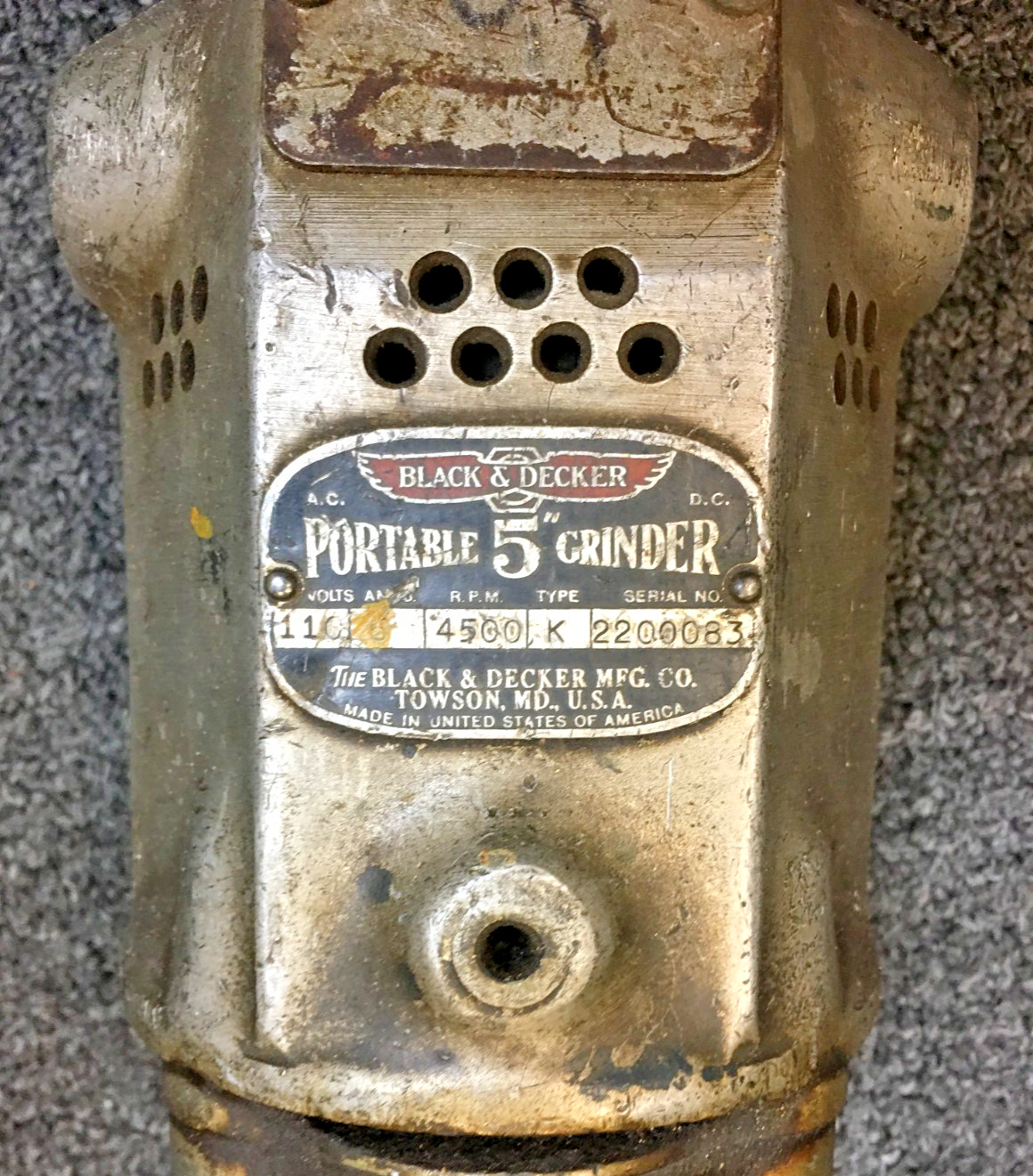 Black & Decker 5” Portable Grinder, 110V, TYPE K, USA, TURNS ON, VINTAGE