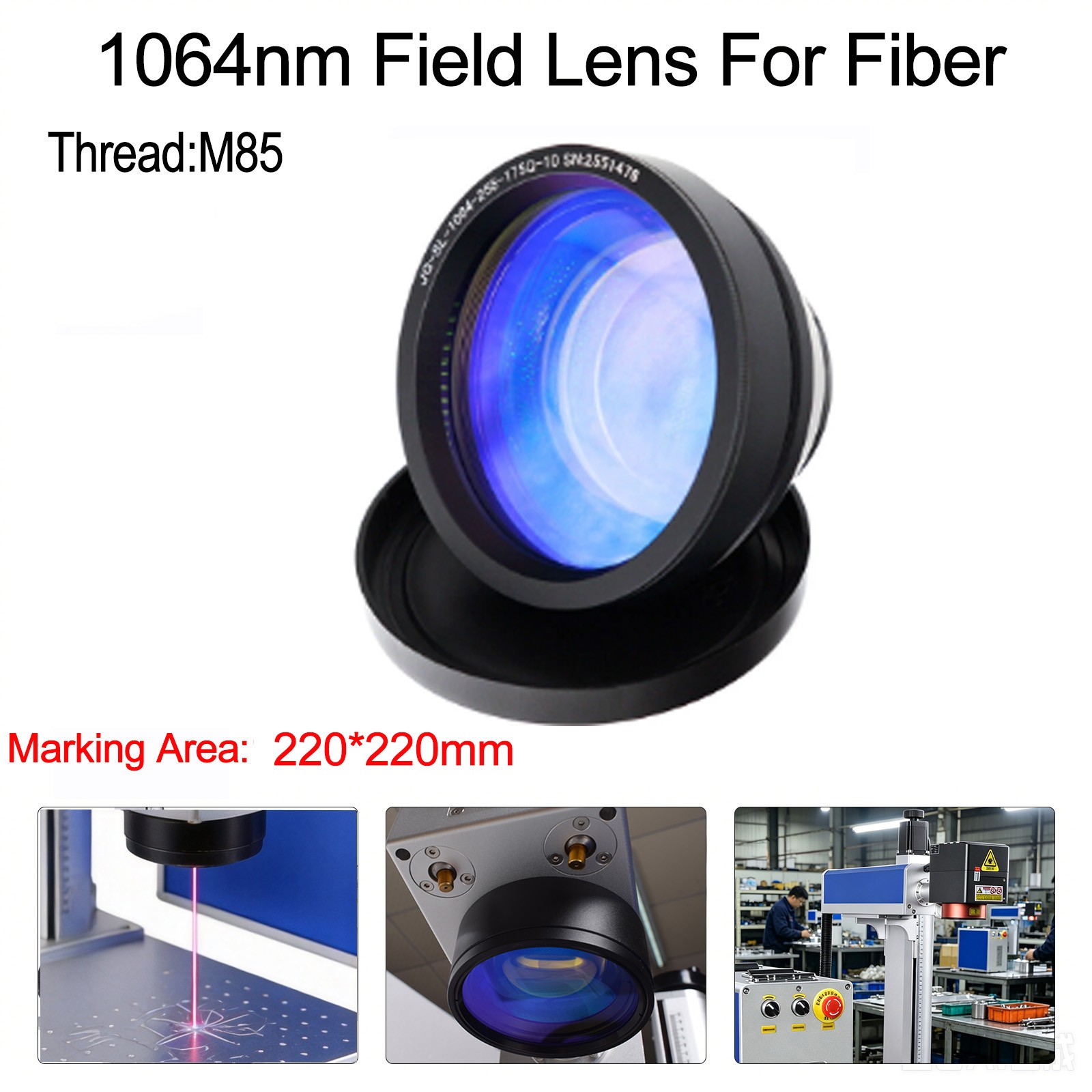 F330 220x220mm Field F-theta Scan M85 Thread For 1064nm 50W Fiber Laser Marker