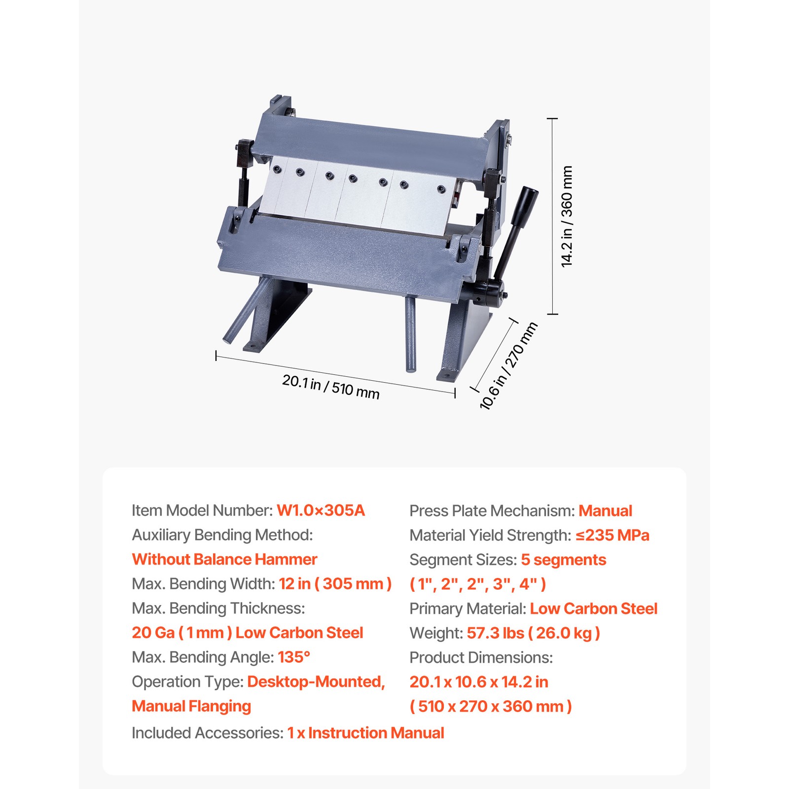 12 in Box and Pan Brake 0-135° 20 Ga Sheet Metal Bending Brake Bender 5 Fingers