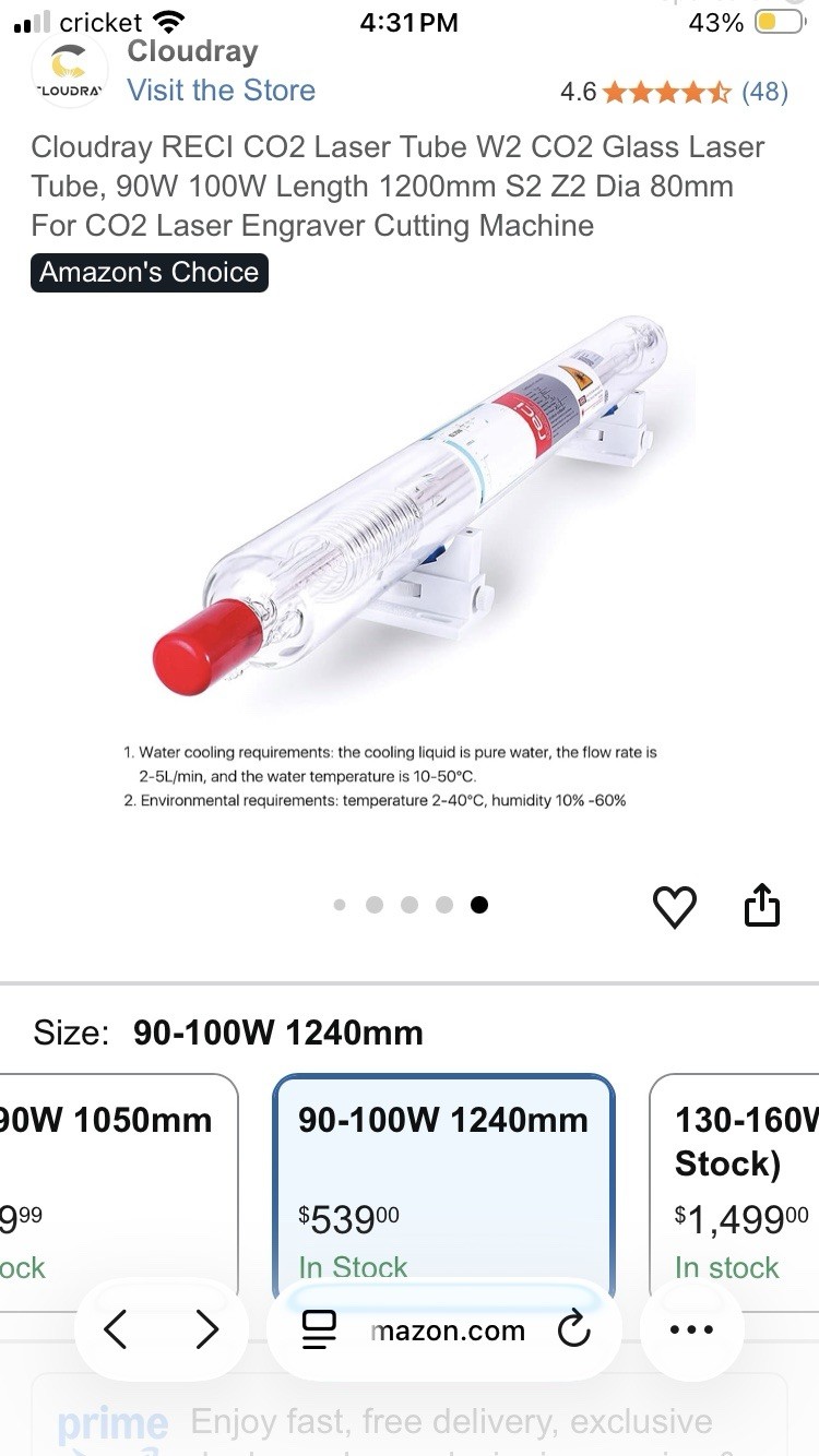 Cloudray RECI C02 Glass Laser Tube W2 NEW!