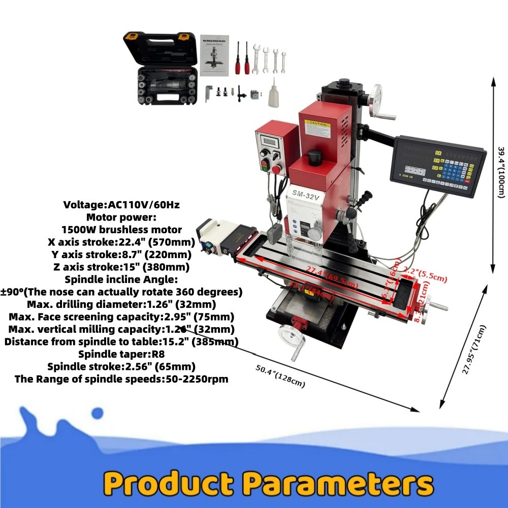 Precision Milling and Drilling Machine 1500W 3-Axis 50-2250RPM for Metalworking