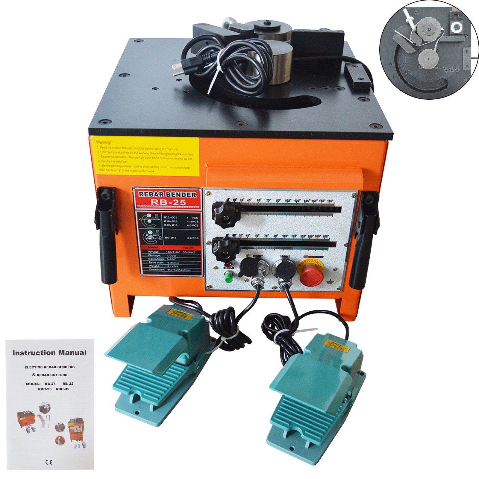 110V RB-25 6-25mm Rebar Bending Machine 0-180° Electric Rebar Bender 1700W