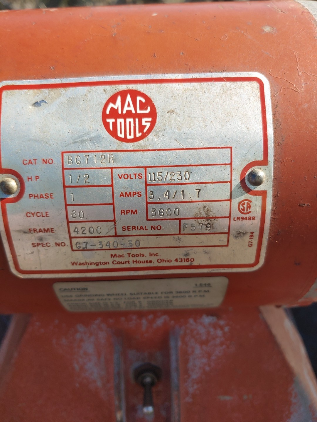 MAC TOO 7” GRINDER #BG712R – 1/2 HP – 3600 RPM – 115/230 VOLTS, 3.4/1.7AMP
