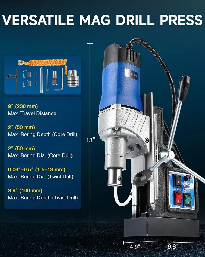 1550W Portable Magnetic Drill Press with 2″ Boring Diameter, 0-580 Rpm Stepless
