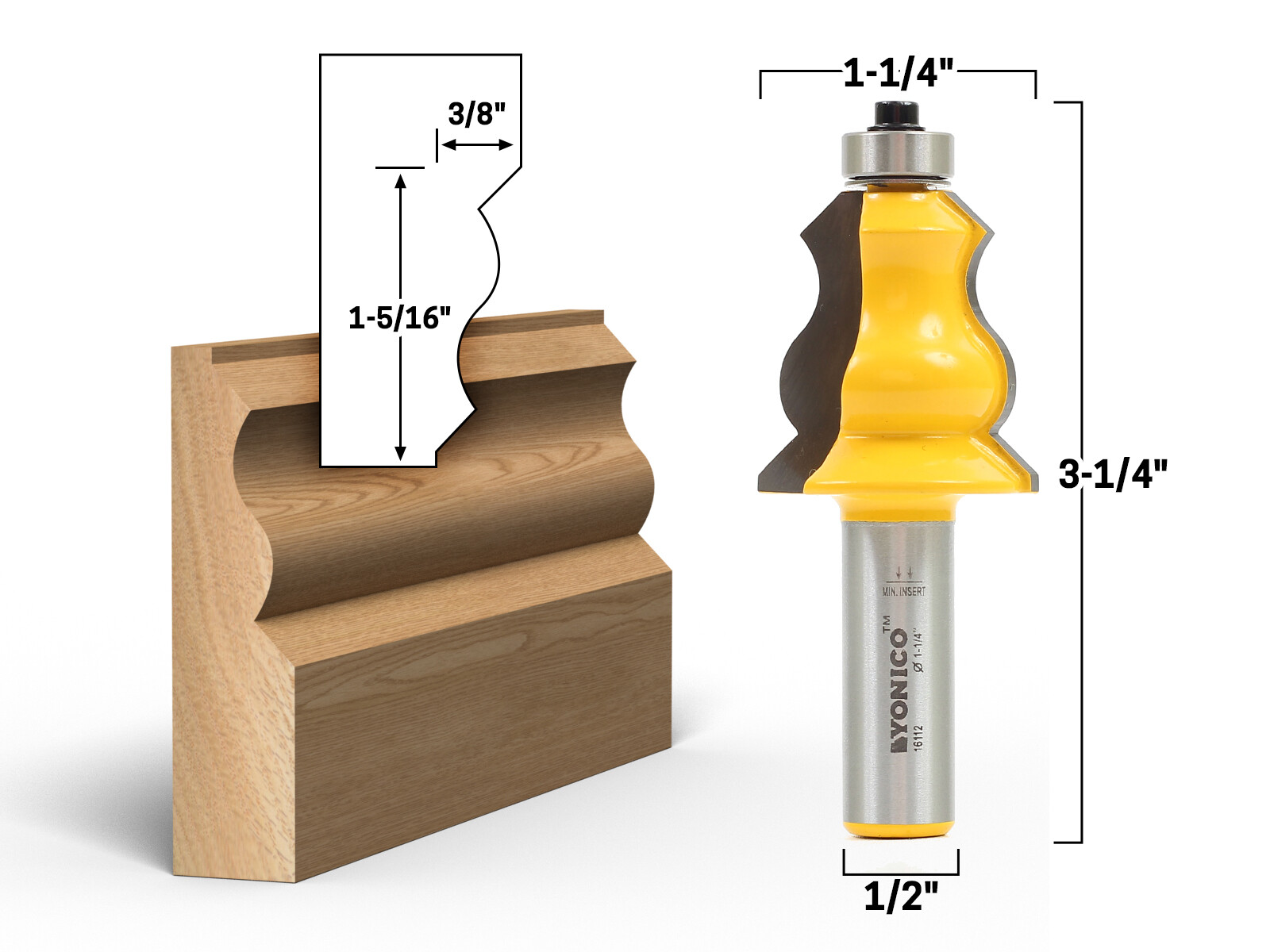 Large Standard Cap Crown Cap Molding Router Bit – 1/2″ Shank – Yonico 16112