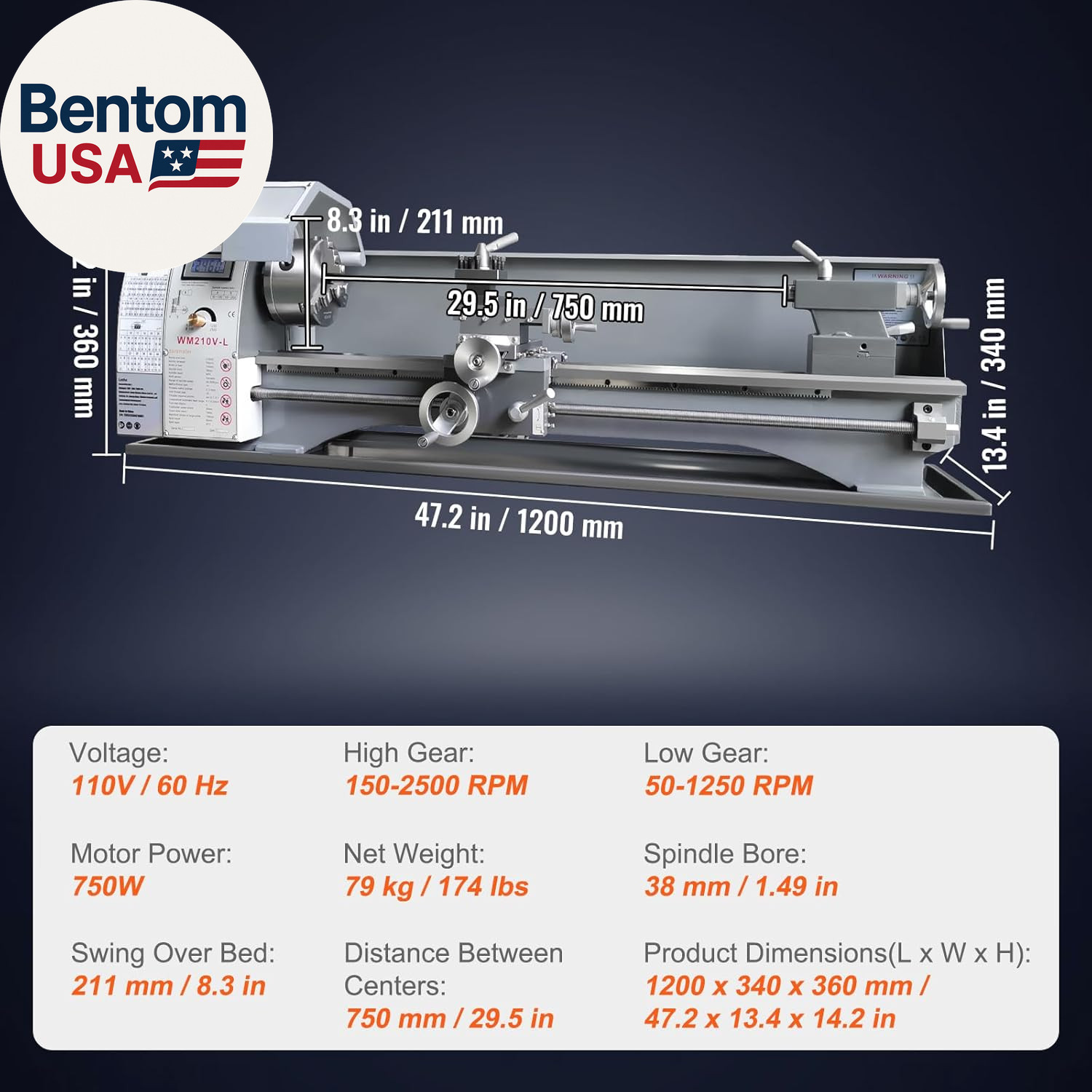 Metal Lathe, 8.3” X 29.5” Benchtop Metal Lathe 0-2500 RPM Continuously Variabl