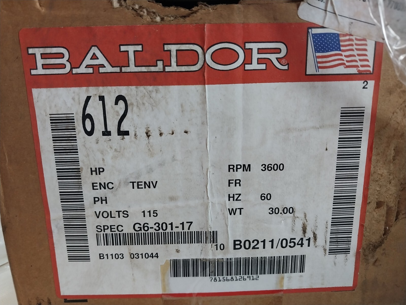 Baldor Electric 612 Grinder-Buffer 975305-00 115 VOLTS 3600 RPM 60HERTZ 3.1 AMPS