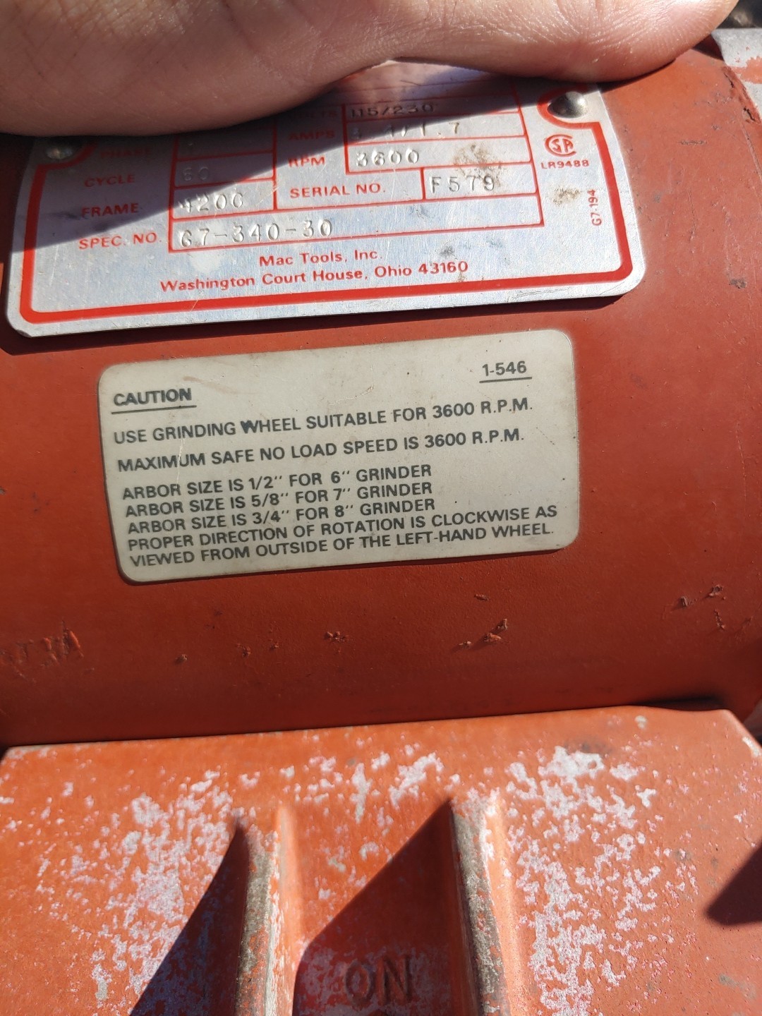 MAC TOO 7” GRINDER #BG712R – 1/2 HP – 3600 RPM – 115/230 VOLTS, 3.4/1.7AMP