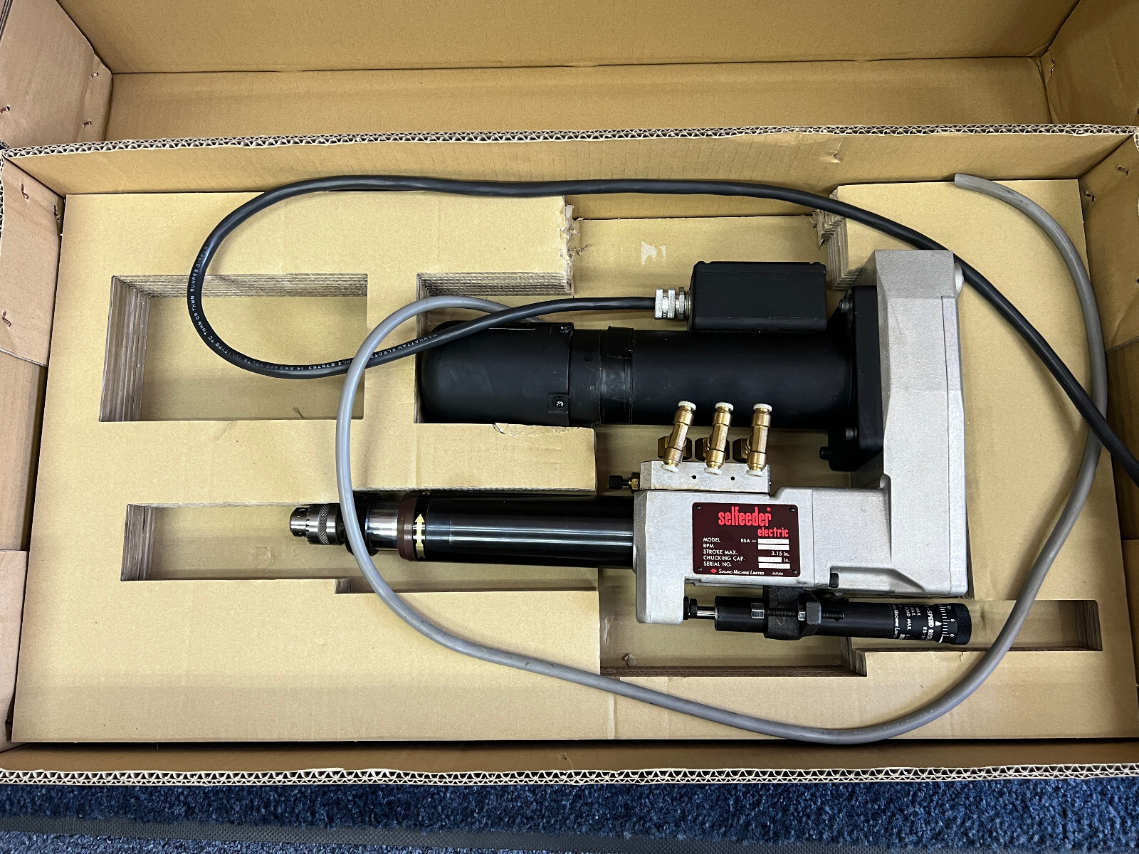 SUGINO SELFEEDER ELECTRIC DRILL, MODEL ESA-W 6030U, 3600 RPM, 3.15″ STROKE MAX,