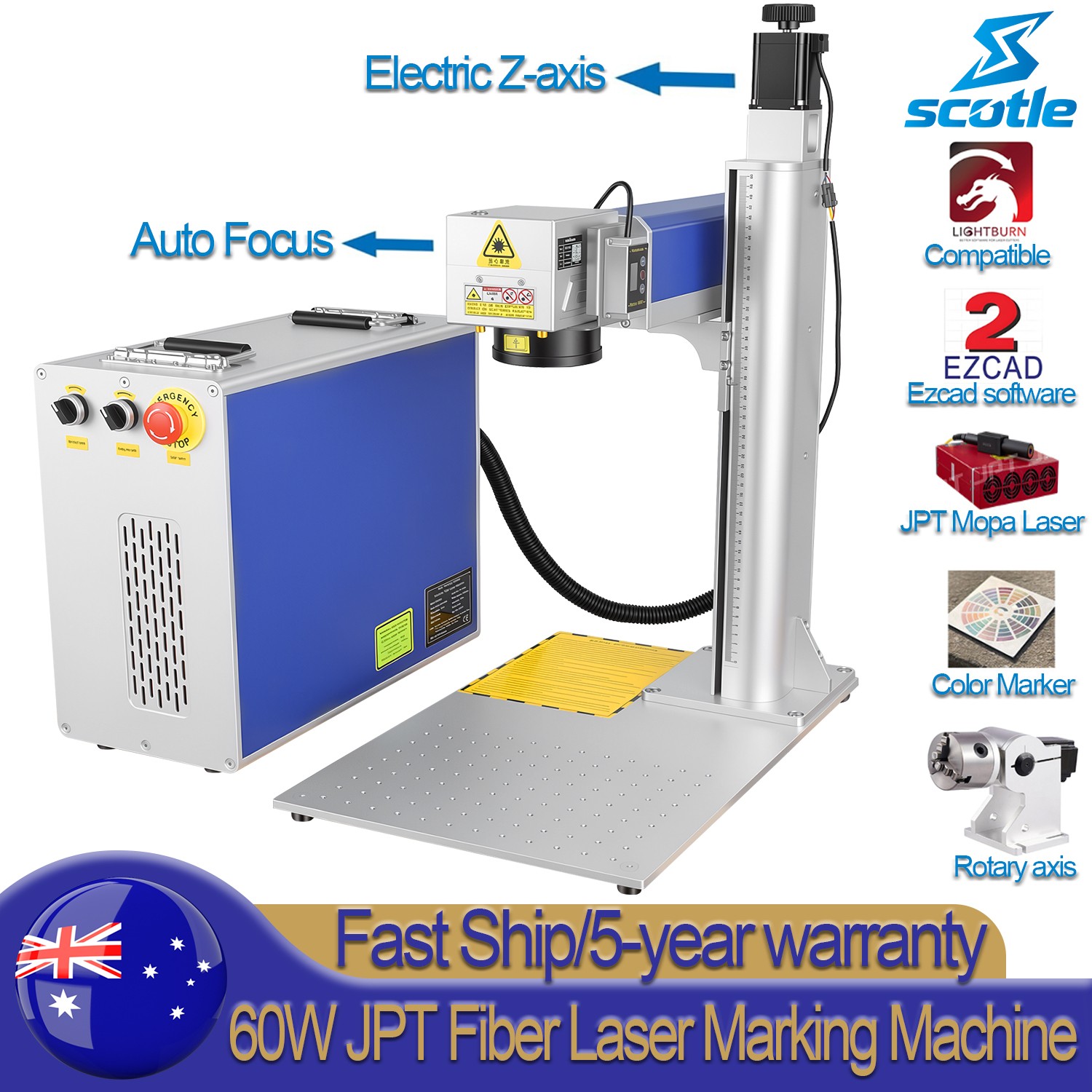 60W Auto Focus JPT M7 Fiber Laser Marking Engraving Machine Metal ColorMarker AU