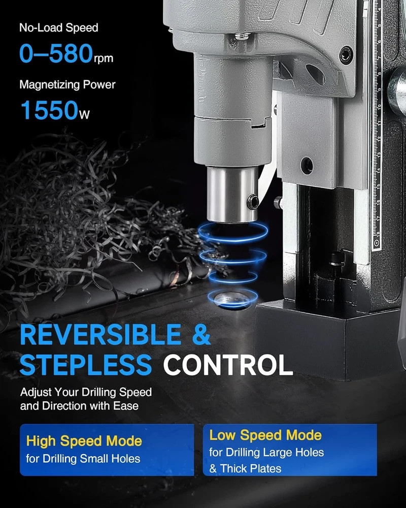 1550W Portable Magnetic Drill Press with 2″ Boring Diameter, 0-580 Rpm Stepless