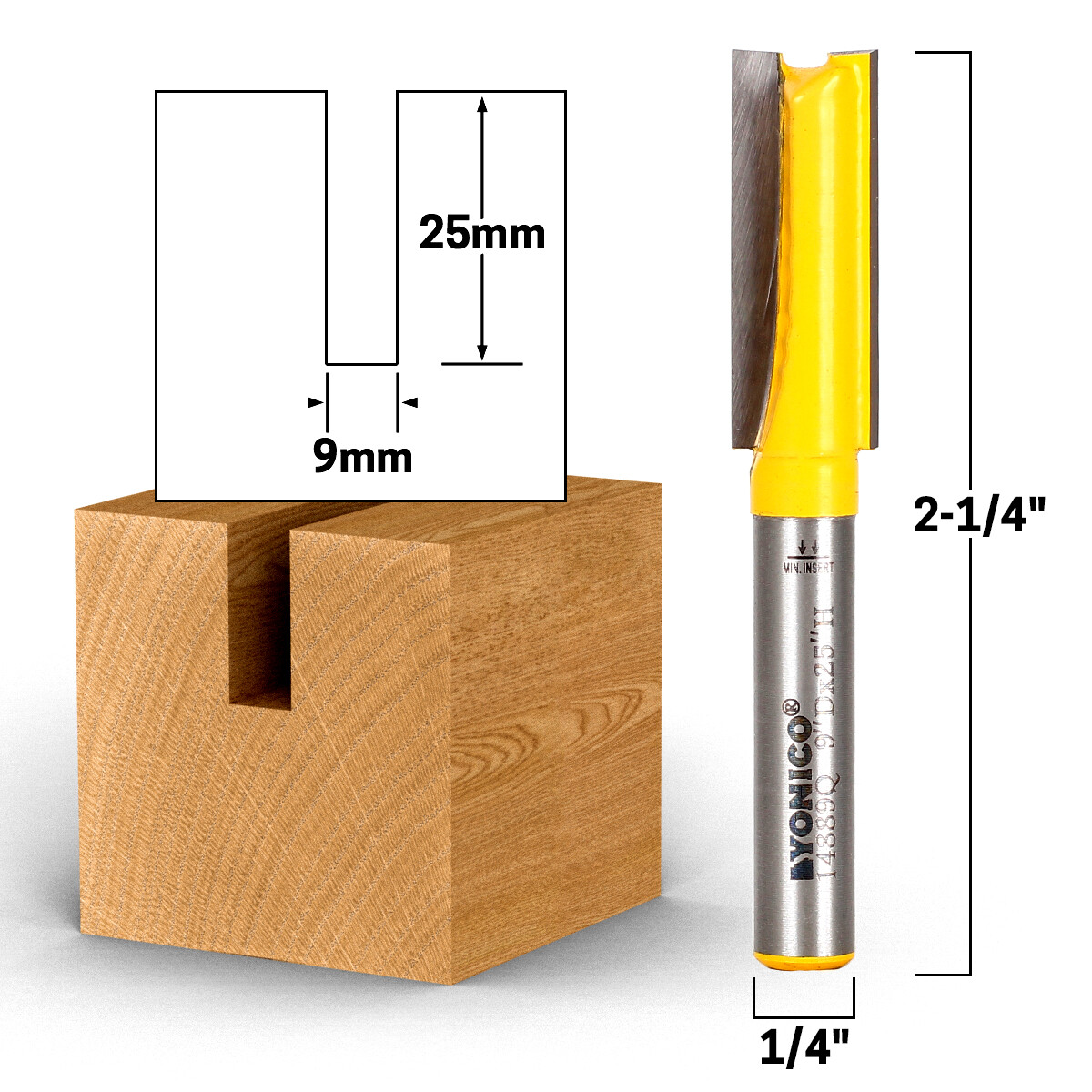 9mm CD x 25mm CL Straight Router Bit Metric – 1/4″ Shank – Yonico 14889q