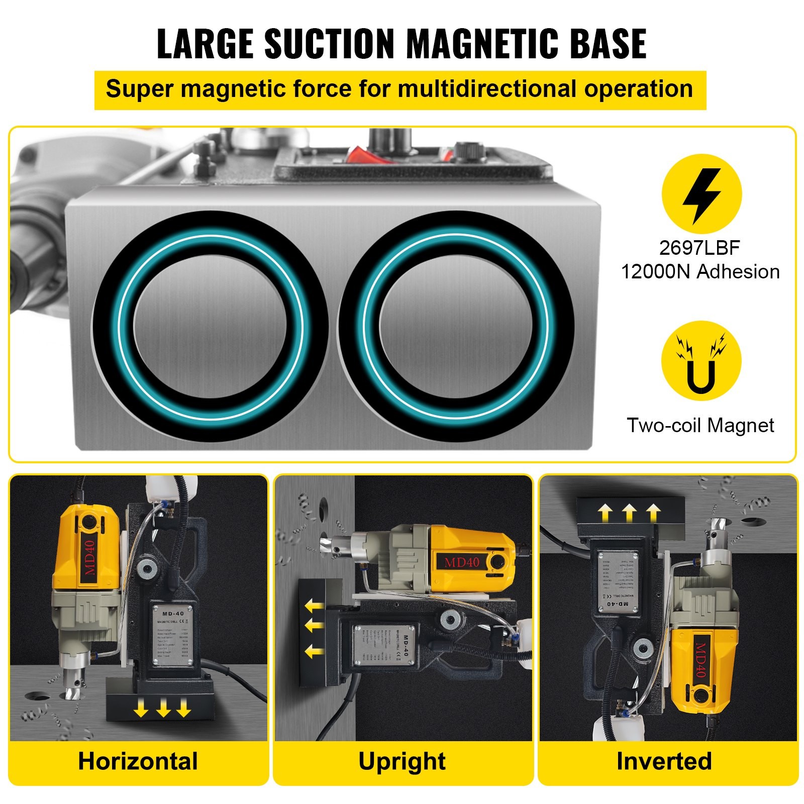 Magnetic Drill, 1100W 1.57′ Boring Diameter, 2697lbf/12000N Portable Electric