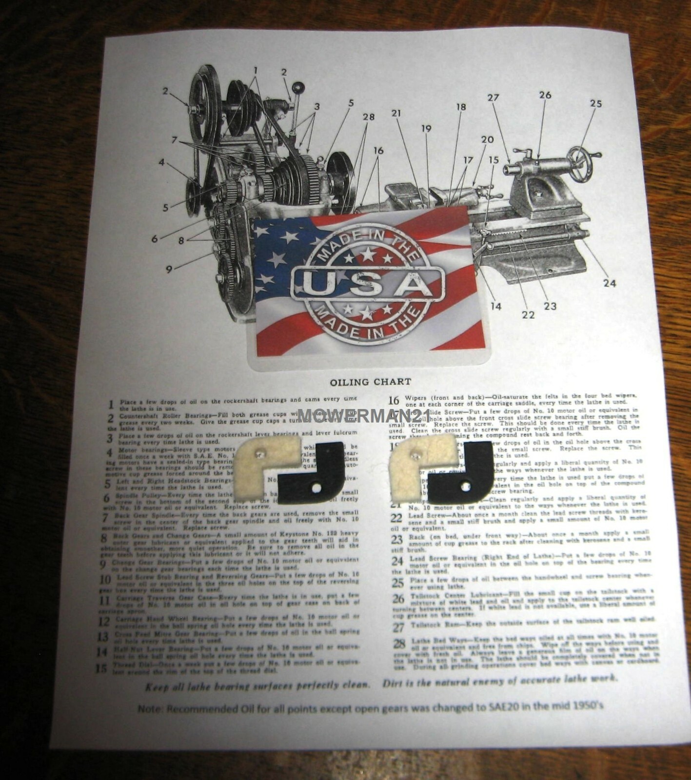 NEW USA ATLAS LATHE 2x FELT-WIPERS- 20W OIL MANUAL CD MAINTENANCE KIT