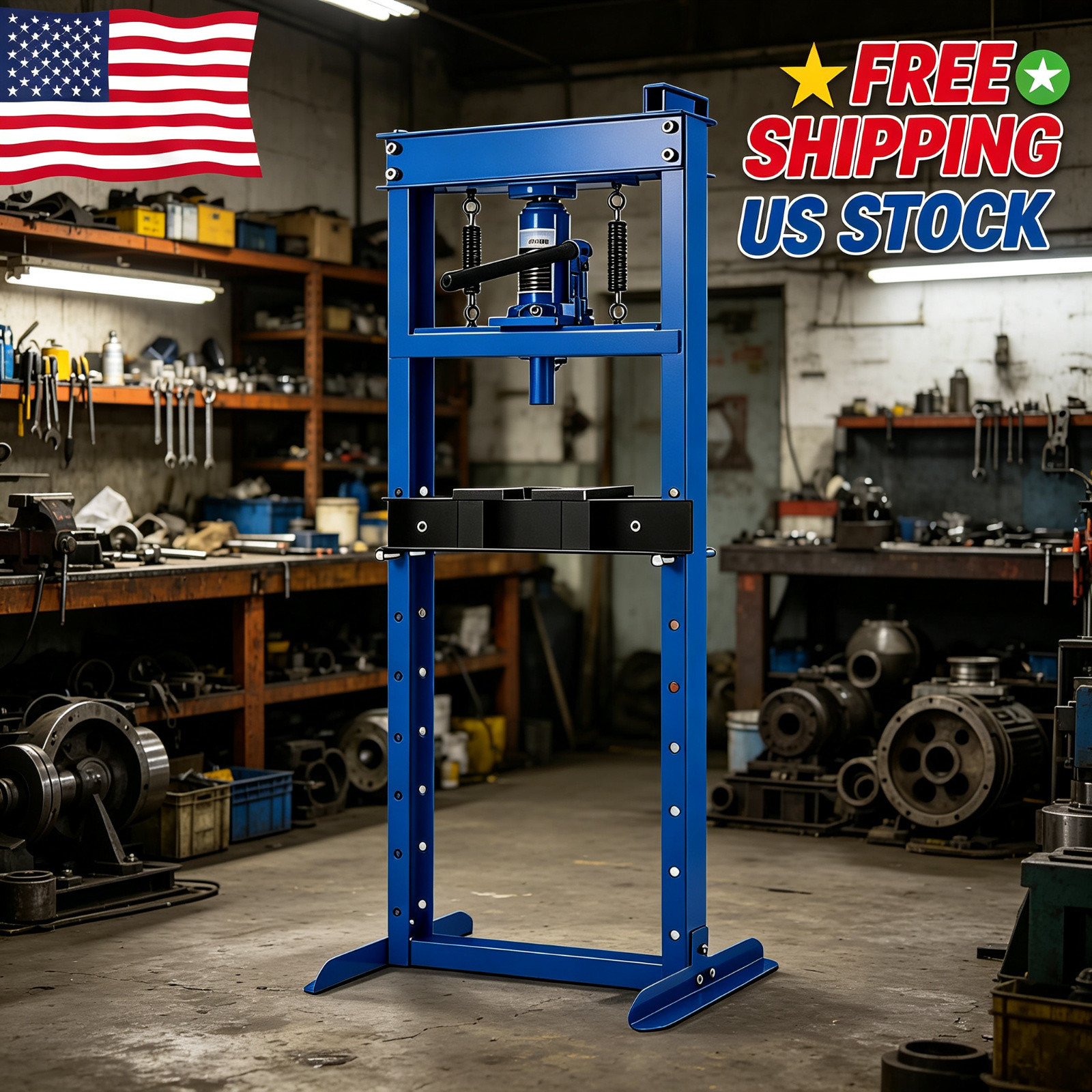12 Ton Hydraulic Shop Press H-frame Carbon Steel Press Plates Blue Garage