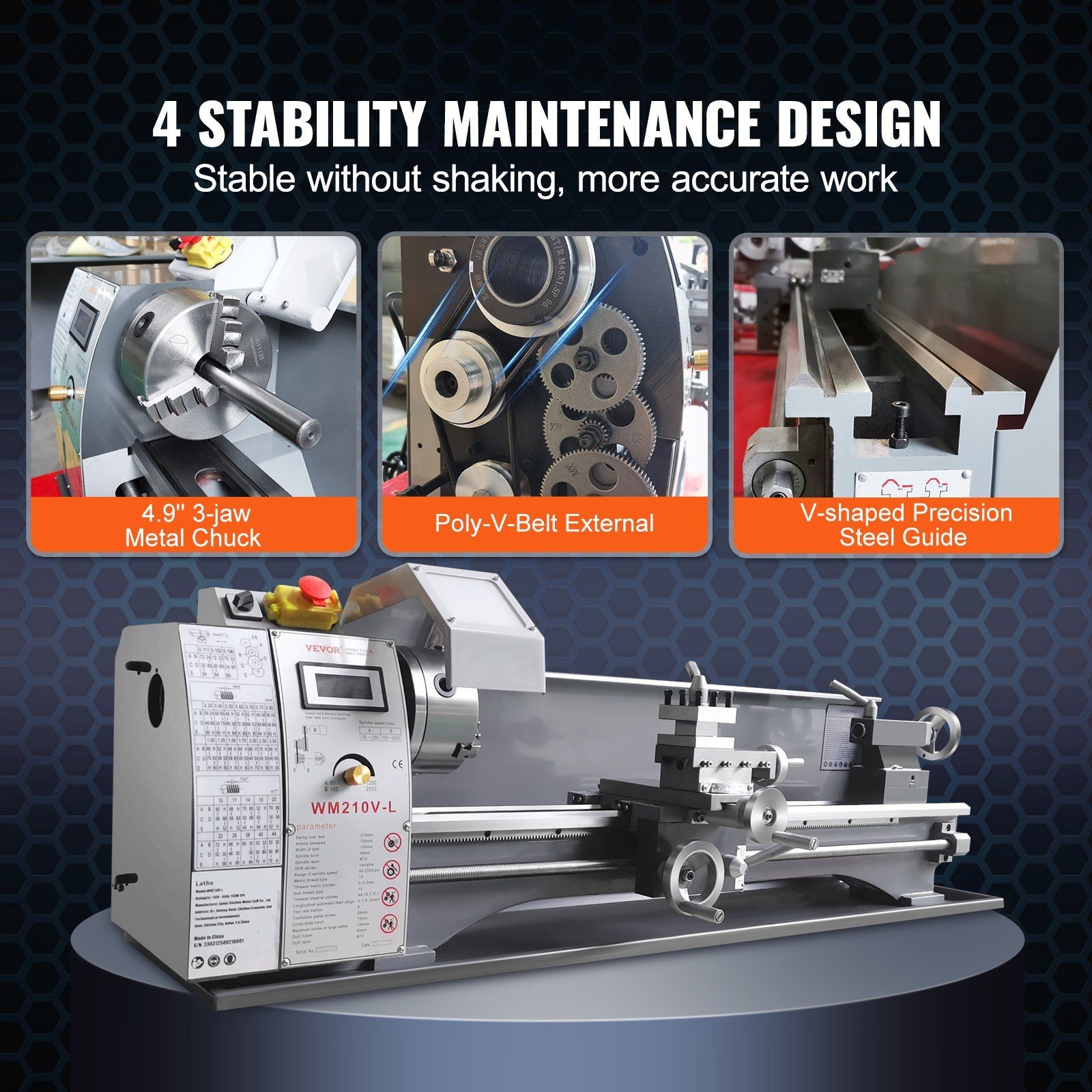 750W Brushless 211x750mm Metal Turning Lathe 0-2500RPM Digital
