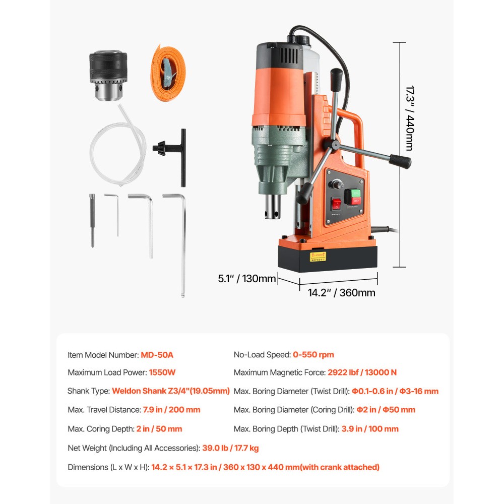 1550W Magnetic Drill 2 Inch Coring Diameter 2922 lbf Magnetic Force 0-550 RPM