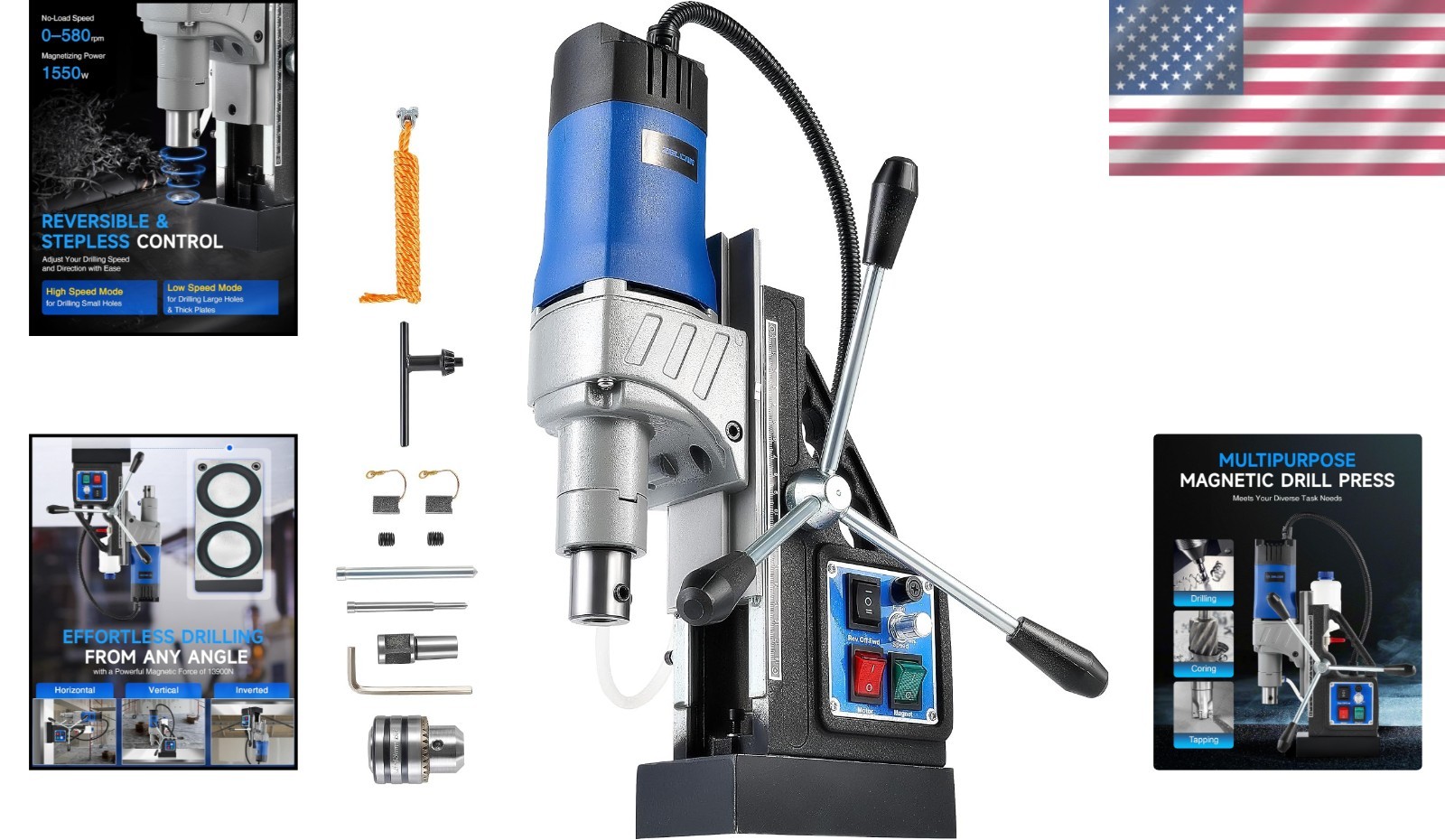 Heavy-Duty 1550W Magnetic Drill Press with 2922 lbf Force & Adjustable Speed