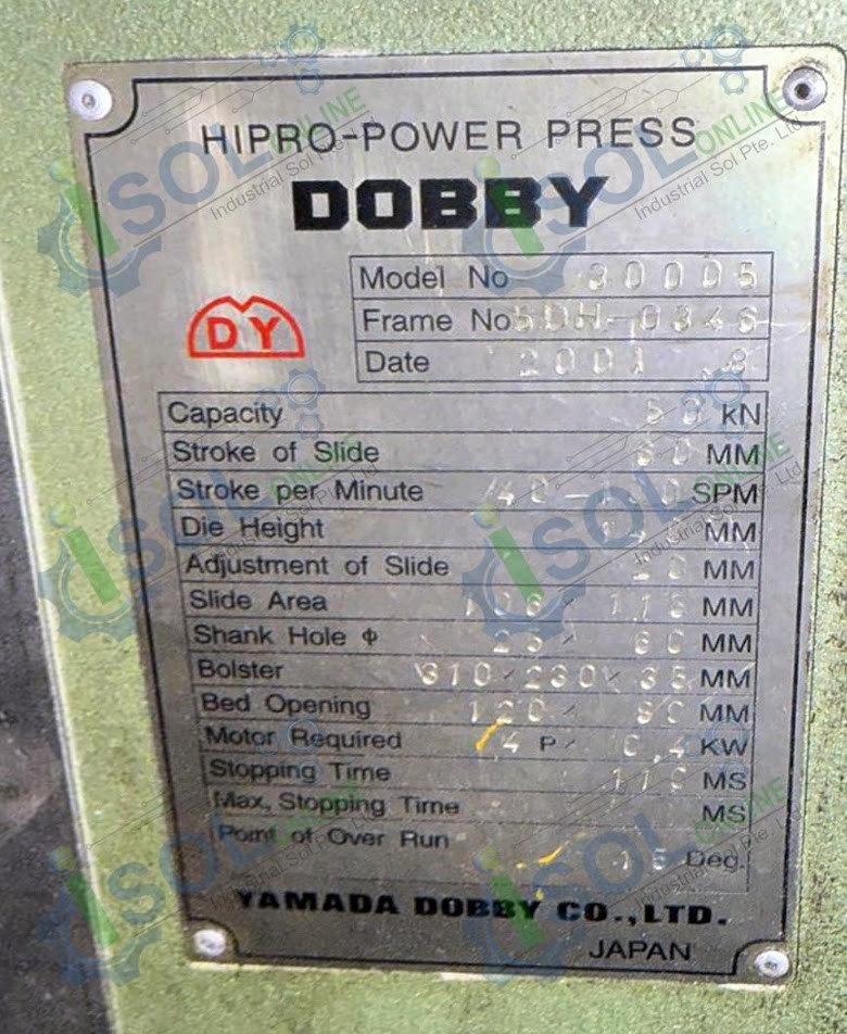 Yamada Dobby Hipro Power Press 30005 5 Ton 50kN 0.4kW Yamada Made in Japan