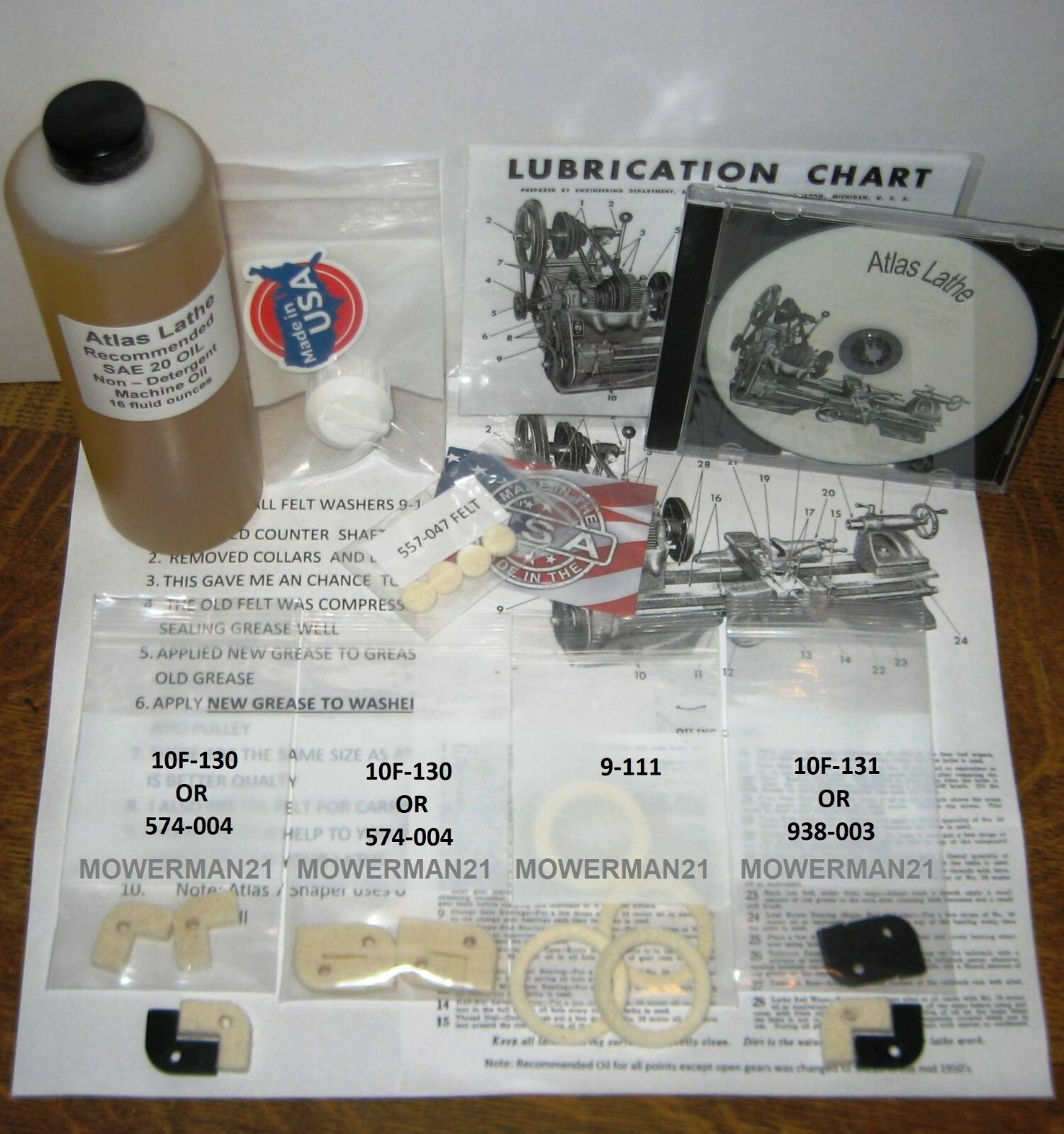 NEW ATLAS LATHE 2x FELT-WIPERS-WASHERS- 20W OIL- CD-FULL MAINT.KIT FAST SHIP