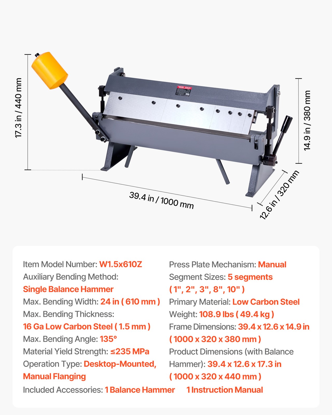 VEVOR 24 in Box and Pan Brake 0-135° 14 Ga Sheet Metal Bending Brake Bender 5
