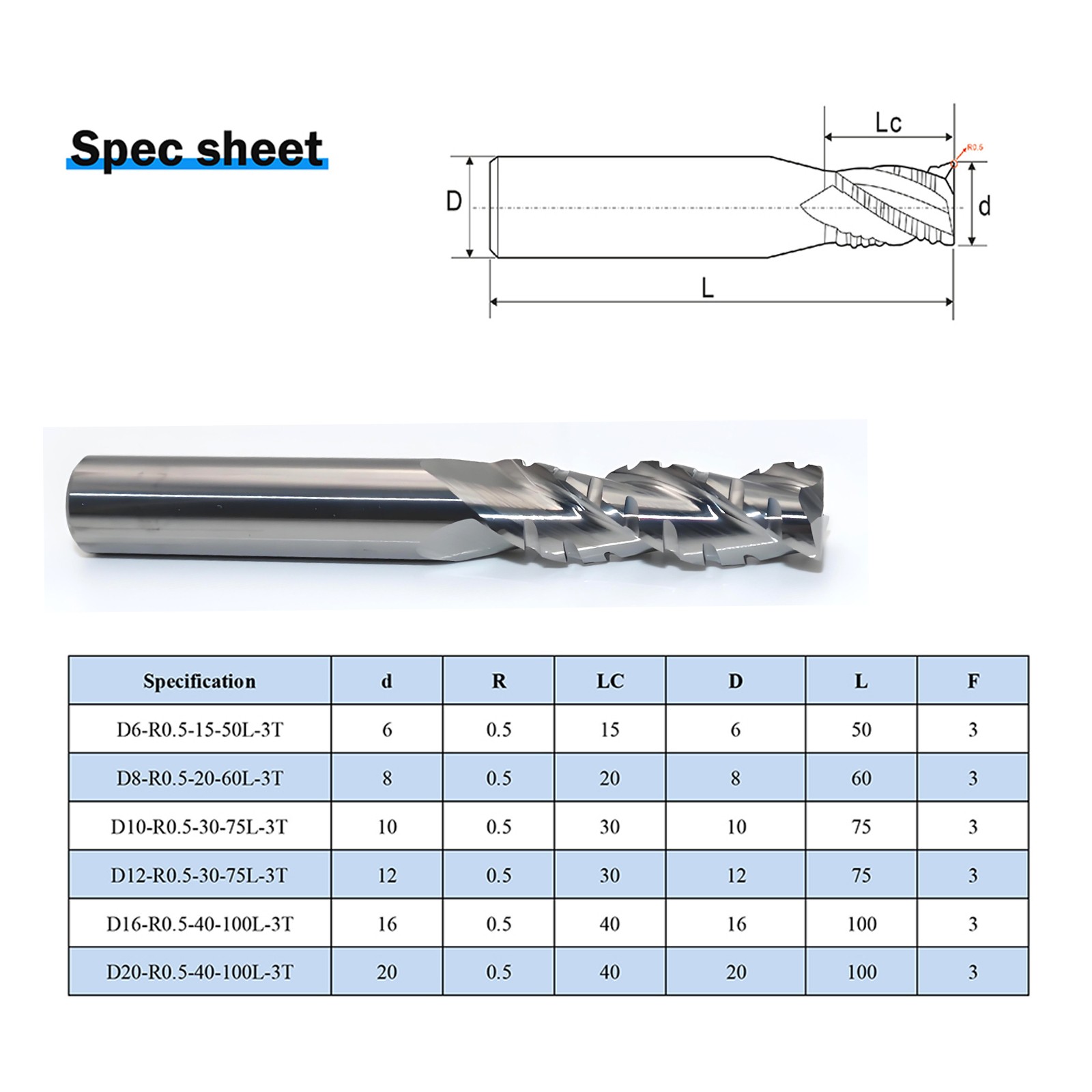 Carbide Roughing End Mills 3 Flute CNC Milling Cutter Bits Router for Aluminum