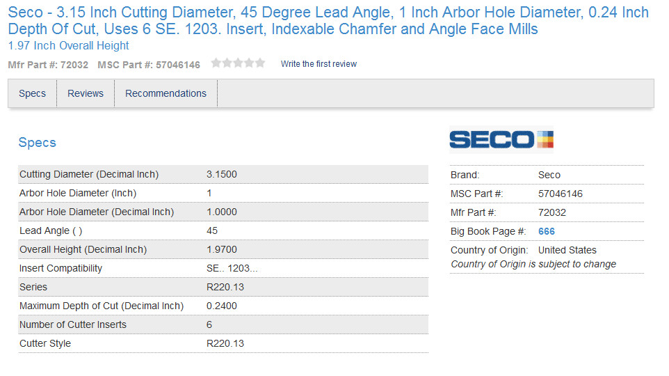 SECO TOOLS FRANCE MILLING CUTTER & Sumitomo Indexable Facemill EHG403R Shellmill